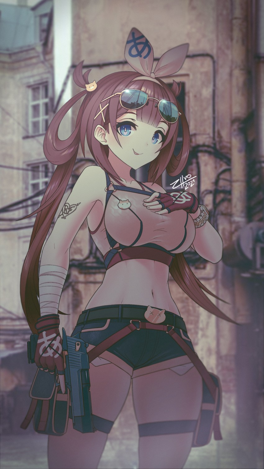 virtual youtuber, ayamy (vtuber), female, female only, fit female, indie virtual youtuber, midriff, shorts, solo, solo female, zhvo, 