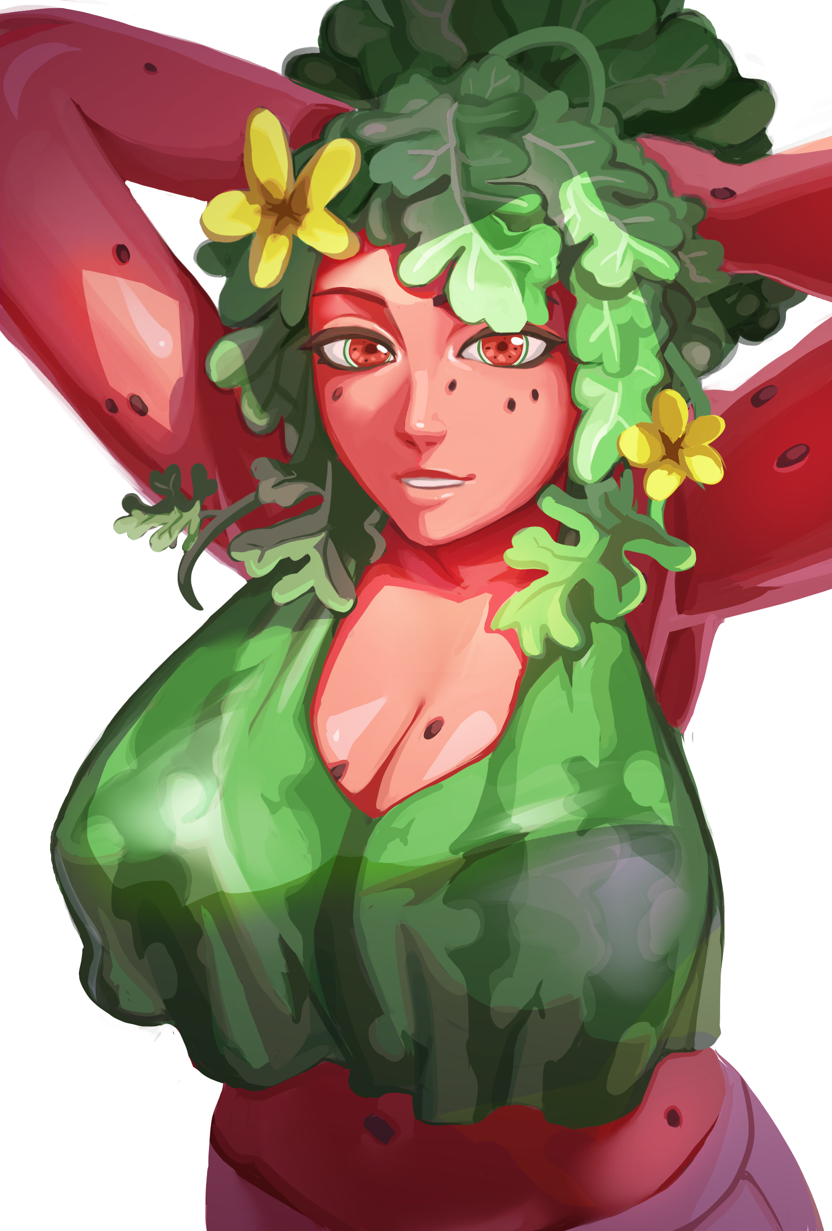 leaves in hair, red eyes, red skin, telepurte, watermelon, watermelon bra, 