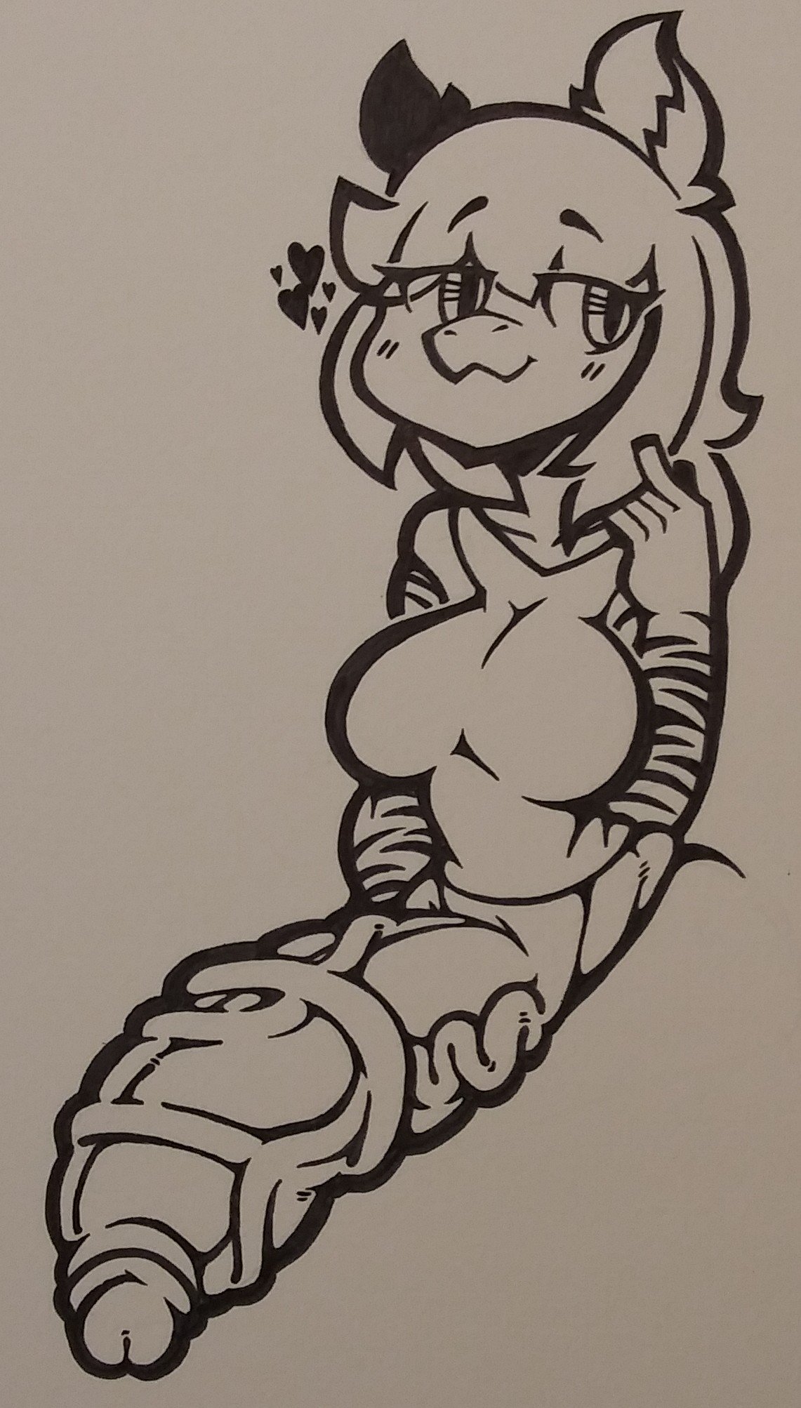 julia (apizzatrash), black and white, monochrome, :3, anthro, cute, furry, futanari, hyper penis, intersex, medial ring, penis, presenting penis, smug, spoken heart, thick penis, tiger, veiny penis, 