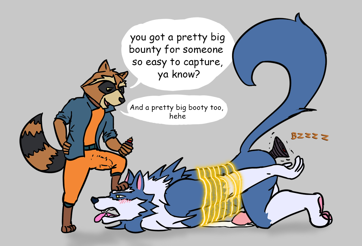 cowardlion, gallon, jon talbain, rocket raccoon, capcom, darkstalkers, guardians of the galaxy, marvel, 2018, text, 4 toes, bound, bubble, canine, cum, dialogue, duo, male, mammal, naked, nude, penis, procyonid, raccoon, sex toy, toes, vibrator, video games, wolf, yaoi, 