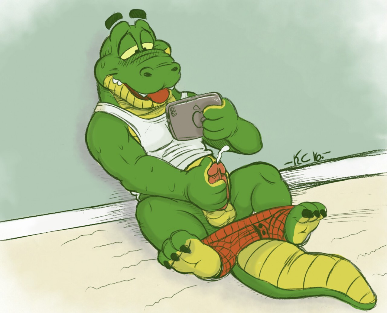 krunch34, invalid tag, balls, clothing, crocodile, crocodilian, cum, feet, humanoid penis, krunchycroc, male, male only, masturbation, open mouth, penis, reptile, scalie, shirt, solo, tablet, teeth, 