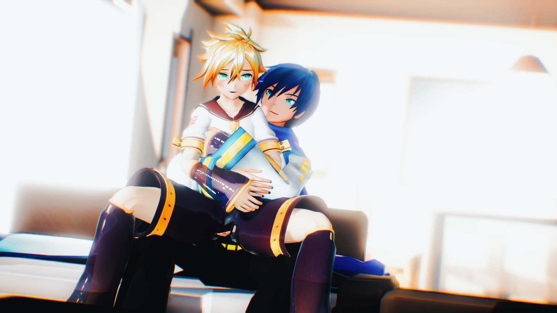 kagamine len, kaito, clothed, flustered, gay, kaito (vocaloid), male, male ...