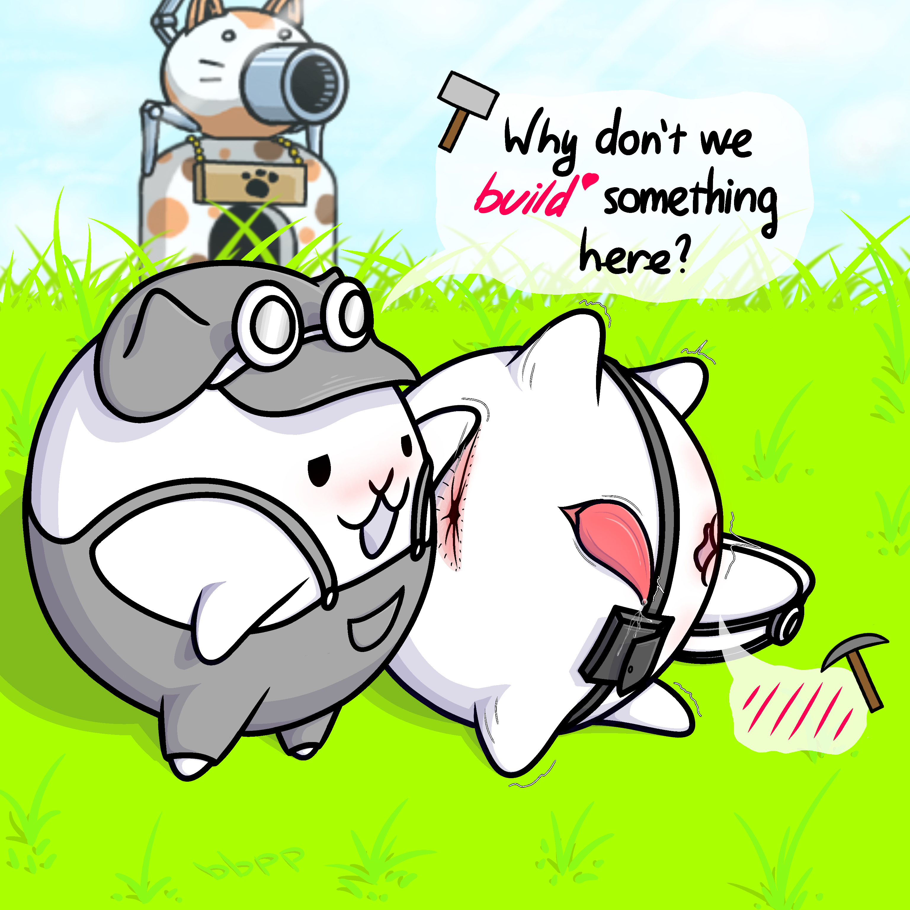 1:1 2025 absurd_res animal_genitalia anus bbunnyhopp belt belt_pouch blush bodily_fluids building clothed clothing colored digital_drawing_(artwork) digital_media_(artwork) duo english_text eyewear felid feline gamatoto genital_fluids genital_slit genitals glasses grass half_naked hammer hat headgear headwear hi_res male male/male mammal miner_helmet open_mouth ototo_(the_battle_cats) overalls penis pickaxe plant ponos_corp. shaded signature sky speech_bubble spread_anus spread_legs spreading tapering_penis text the_battle_cats tools waddling_head white_body