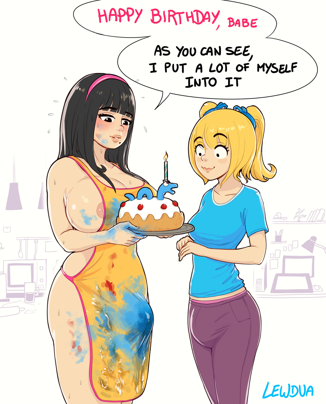 lewdua, alison (lewdua), nessie (lewdua), speech bubble, text, 2futas, areolae, big breasts, breasts, bulge, cake, clothes, dickgirl, futa, futa only, futa with futa, futanari, intersex, large breasts, naked apron, nipples, pants bulge, secret cum eating, 