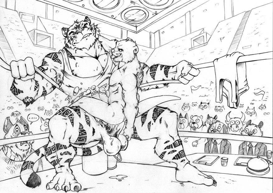 furryrevolution, ..., anal, anal sex, anthro, audience, being watched, biceps, big muscles, crowd, duo, duo focus, erection, exhibitionism, felid, fighting ring, genitals, group, looking at another, lutrine, male, male/male, male penetrated, male penetrating, male penetrating male, mammal, muscular, muscular male, mustelid, pantherine, penetration, penis, public, sex, shocked, stadium, tiger, wrestling, 