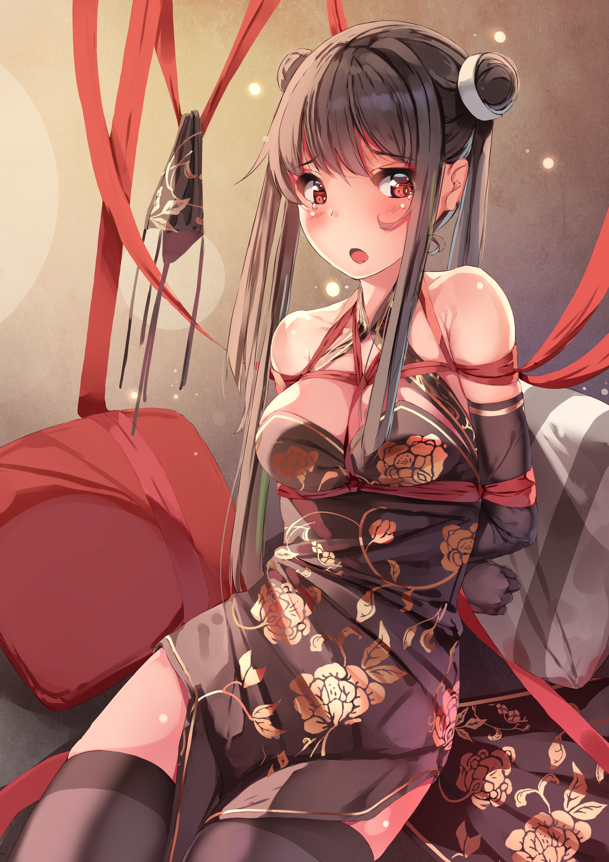 yumemi (kiowa), tougetsu matsuri, 1girls, arms behind back, arms tied behind back, big breasts, bikini bottom, black dress, black hair, black panties, black thighhighs, blush, bondage, bound arms, cheongsam, china dress, chinese clothes, cleavage, double bun, embarrassed, floral print, hair accessory, hands behind back, hands tied, harness, helpless, kneeling, legwear, looking away, no panties, open mouth, panties, panties removed, ribbons, solo, stockings, tears, thighhighs, tied up, twintails, untied bikini, untied panties, 