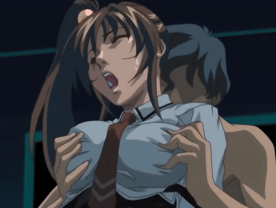 imari kurumi, bible black, bible black only, 2006, animated, lowres, tagme, 00s, 1boy, black thighhighs, breasts, brown hair, buttons, closed eyes, female, grope from behind, groping, hair ornament, large breasts, miniskirt, necktie, open mouth, panties, school uniform, shirt, skirt, standing, striped panties, thighhighs, underwear, white shirt, zettai ryouiki, 