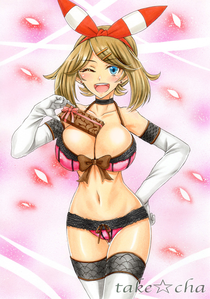 takecha, may (pokemon), nintendo, pokemon oras, pokemon rse, pink background, simple background, sketch, text, watermark, 1girls, ;d, ass visible through thighs, bare shoulders, blue eyes, bow, bow bra, bow panties, box, bra, breasts, brown hair, cleavage, collarbone, ear studs, earrings, elbow gloves, erect nipples, female, female only, gift, gift box, gloves, hair ribbon, hairband, hand on hip, holding, holding gift, huge breasts, human, human only, humans of pokemon, jewelry, large breasts, lingerie, looking at viewer, marker (medium), midriff, navel, one eye closed, open mouth, panties, petals, pink bow, pink bra, pink panties, pokemon, red ribbon, ribbon, round teeth, short hair, short twintails, smile, solo, stomach, stud earrings, teeth, thigh gap, thigh strap, thighhighs, tied hair, traditional media, twintails, underwear, white gloves, white legwear, 