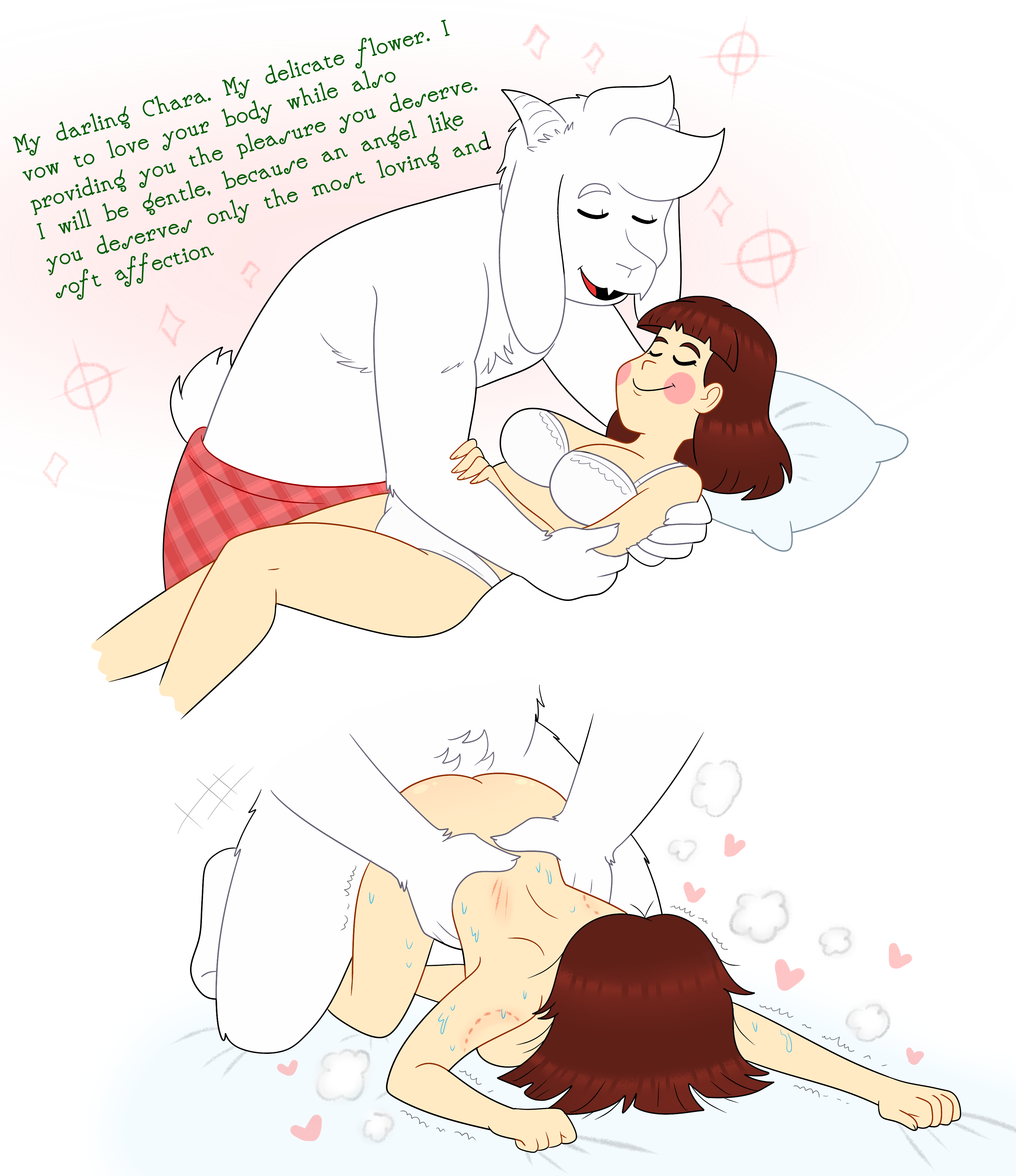 asriel dreemurr, chara, undertale, all fours, bite mark, rainy (artist), scratches, 