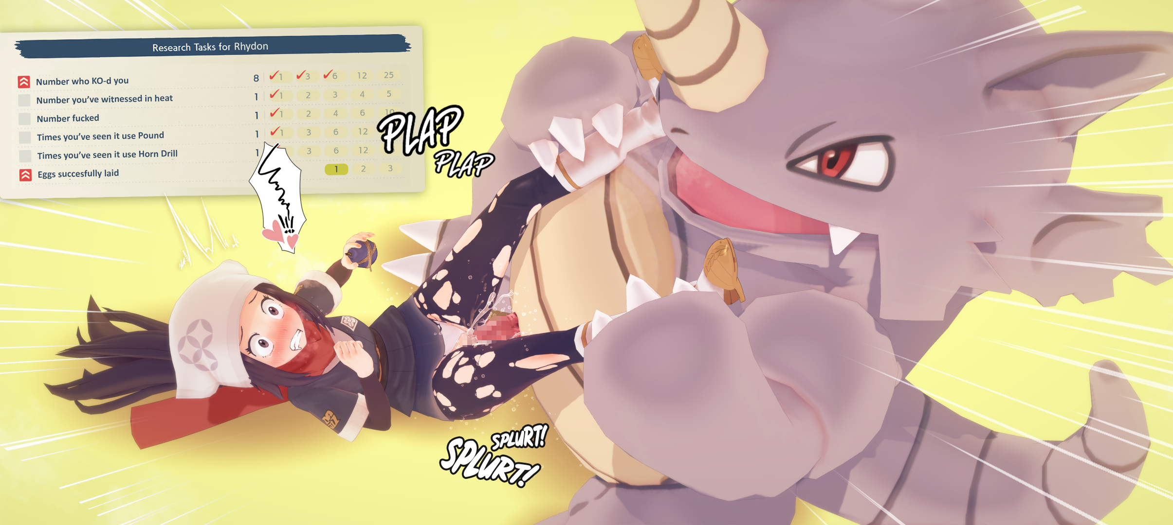 1boy 1girls akari_(pokemon) clothed_sex female gameplay_mechanics holding_legs leg_grab male pokemon pokemon_legends:_arceus pokephilia rhydon sex smoke_bomb torn_clothes wide_eyed witchanon