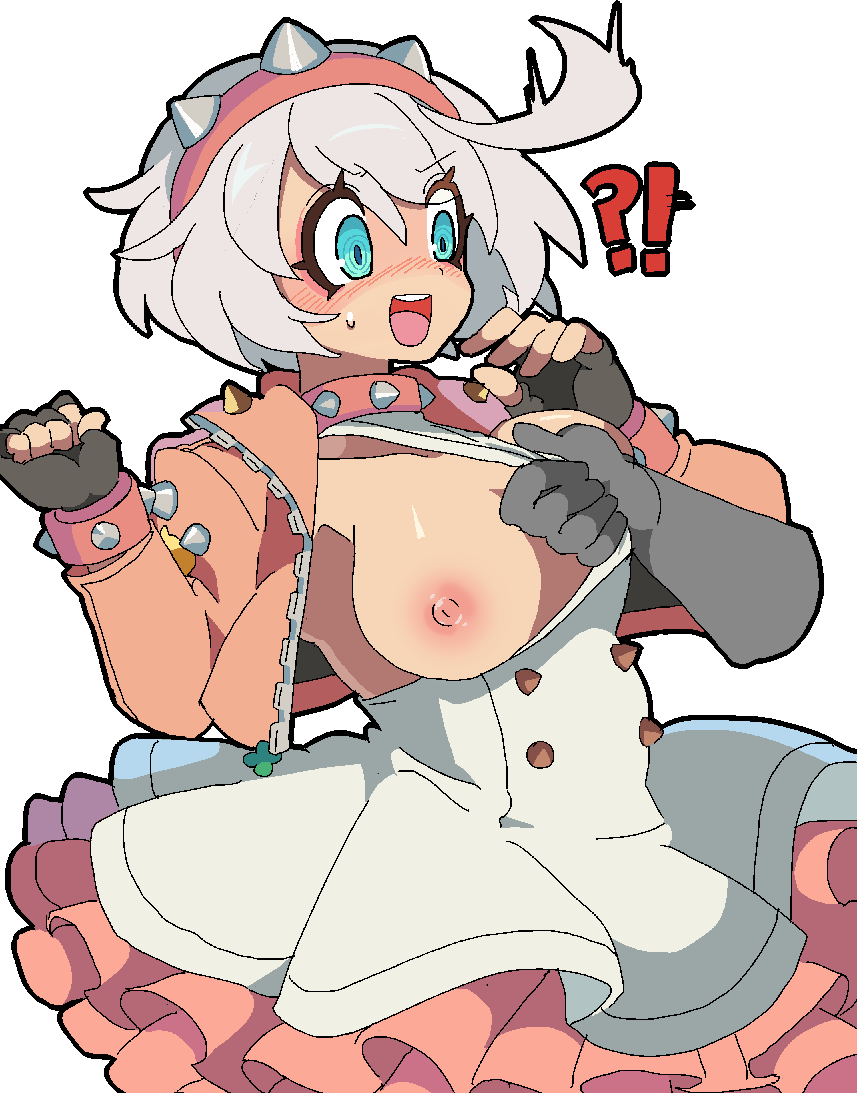 1girls 2d_(artwork) ?! ahoge blue_eyes blush bob_cut bracelets breast_out breasts collar collarbone digital_media_(artwork) disembodied_hand dress dress_pull elphelt_valentine female fingerless_gloves four-leaf_clover guilty_gear guilty_gear_strive hairband jacket kekeken_(9vsqgrq7v2wnvby) large_breasts looking_at_hand nervous_smile nervous_sweat nipples one_breast_out open_mouth pink_dress pink_nipple poipiku pulling_on_clothes short_hair skirt spiked_bracelet spiked_collar spiked_jacket surprised tagme teeth two-tone_dress white_dress white_hair wide_eyed zipper