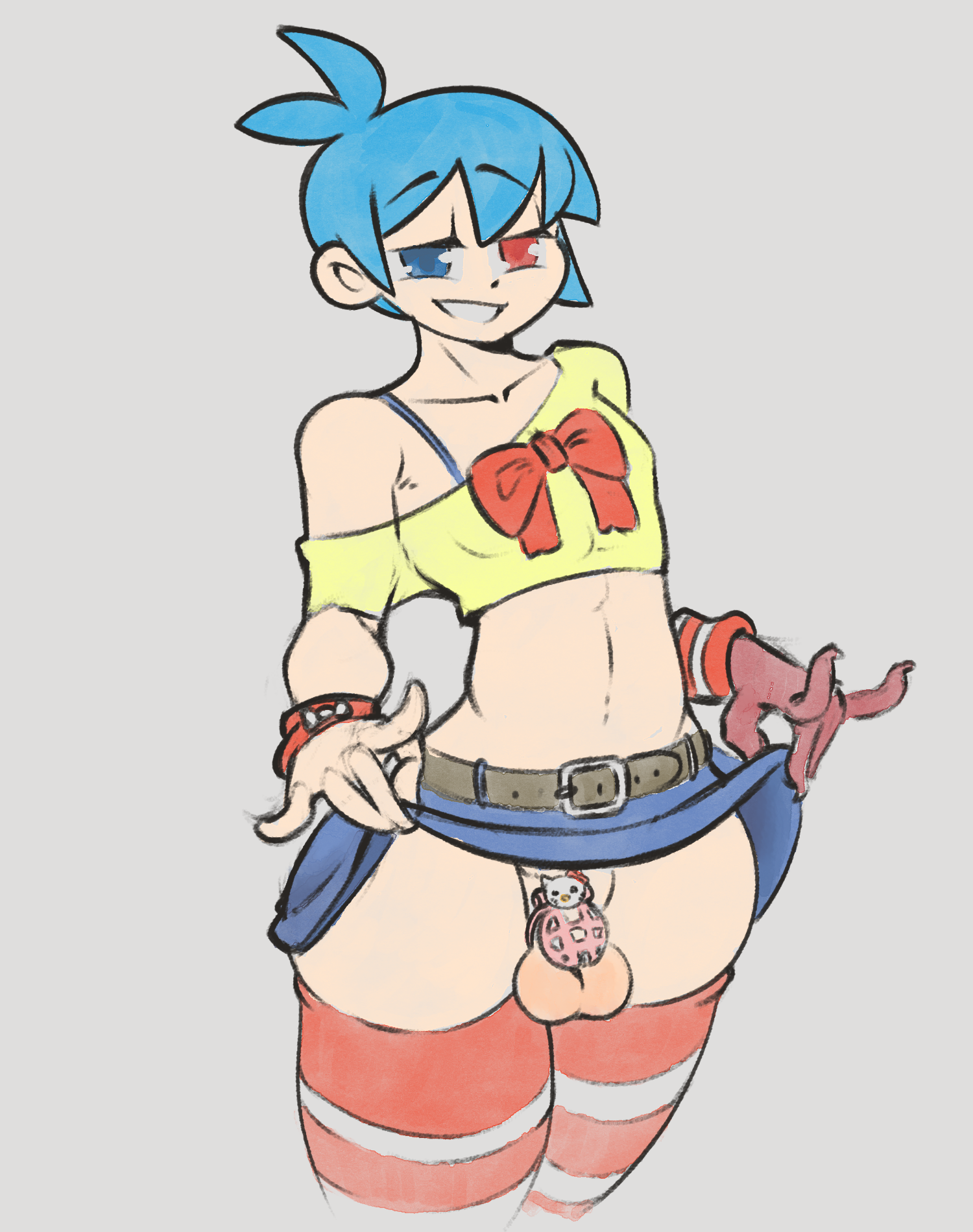 1boy absolute_territory balls belt belt_buckle blue_hair blue_skirt bottom_heavy bowtie cellphone chastity_cage chastity_device cute cute_face cute_penis denim denim_bottomwear denim_clothing denim_skirt doodlehog drawfag drawthread_request foreskin girly going_commando hello_kitty_(character) hello_kitty_(series) jean_skirt kitty_white light_skin light_smile loose_sleeves male no_panties overall_skirt penis pink_chastity_cage pinky_out puyo_puyo puyo_puyo_quest red_puyo sanrio sega shirt sig_(puyo_puyo) sissy skirt sleeves small_penis smile soft_thighs stockings striped_stockings striped_thighhighs testicles thick_thighs thigh_squish thighhighs uncircumcised uncut wide_hips yellow_shirt zettai_ryouiki