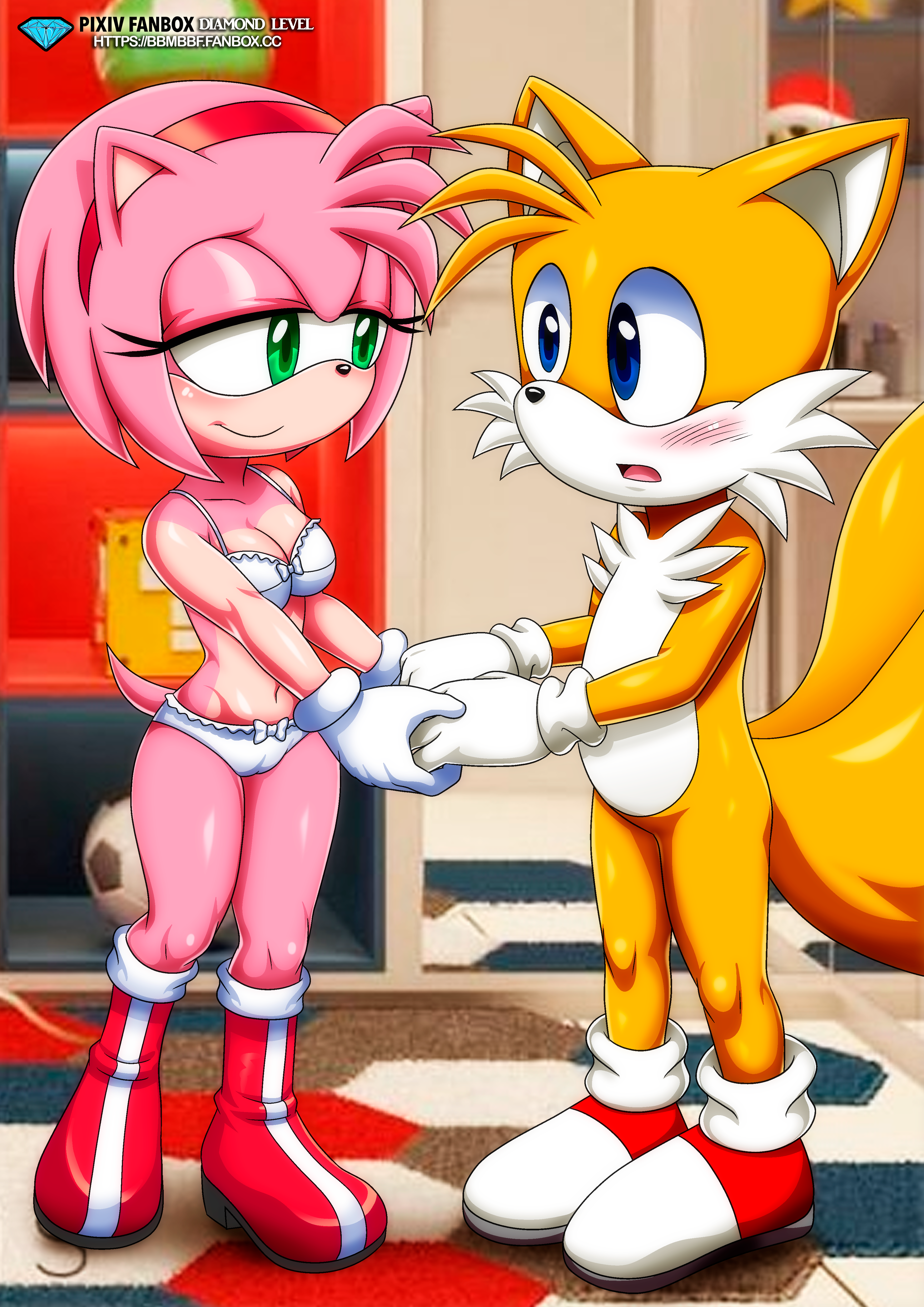 bbmbbf, palcomix, amy rose, tails, mobius unleashed, sega, sonic (series), sonic the hedgehog (series), blush, female, male, male/female, open mouth, tongue, 