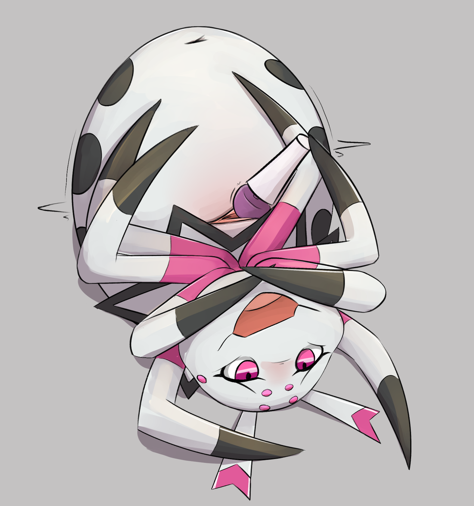 honeymono, kumoko, hi res, simple background, arachnid, arthropod, arthropod abdomen, arthropod abdomen genitalia, arthropod abdomen pussy, blush, female, feral, genitals, lying, masturbation, multi eye, nude, on back, open mouth, pussy, sex toy, smile, solo, spider, vaginal penetration, vibrator, white body, 