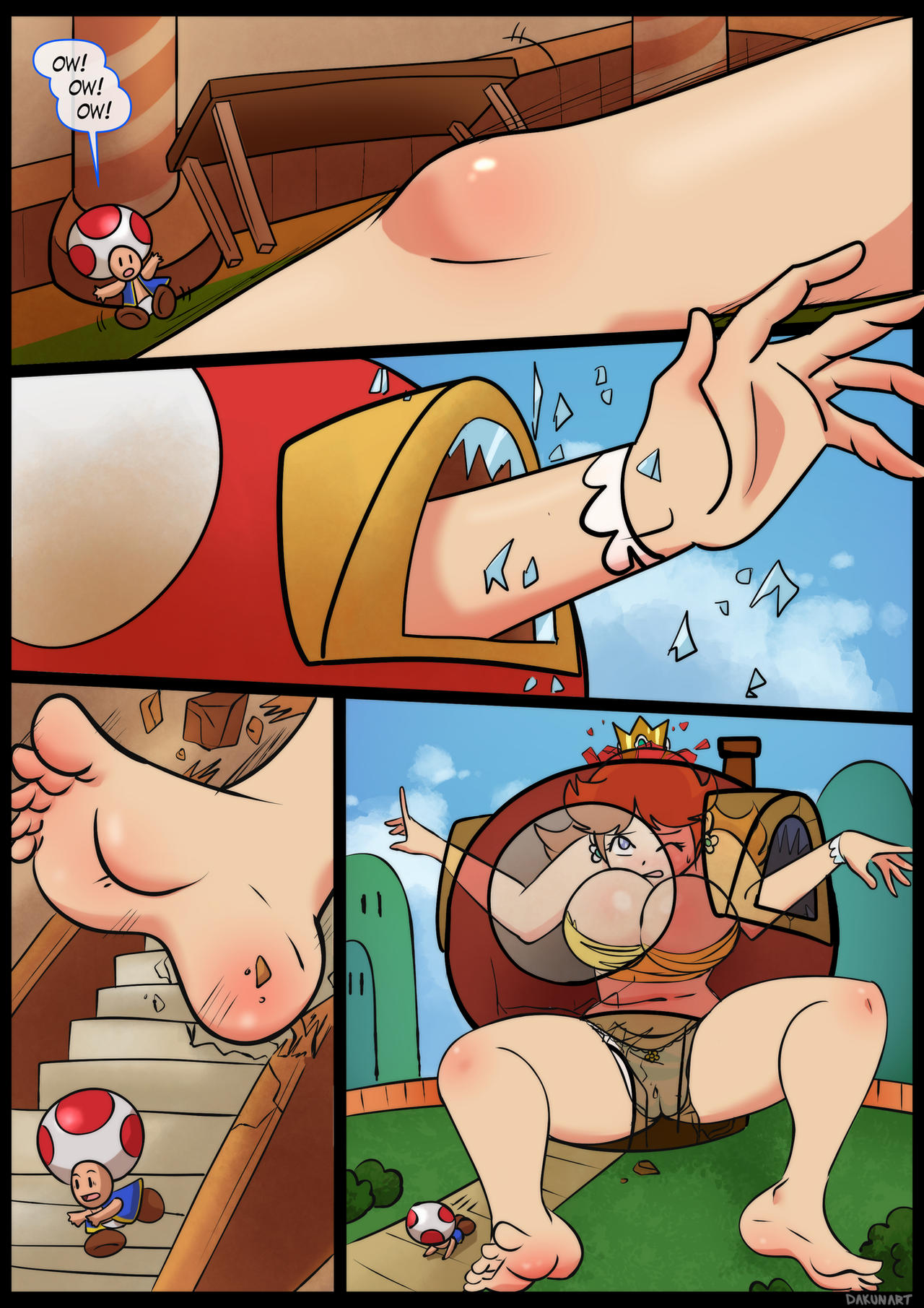 bowser, bowser jr., princess daisy, toad (mario), nintendo, super mario bros., comic, 1girls, convenient censoring, dakunart, female, female focus, giantess, huge breasts, male, 