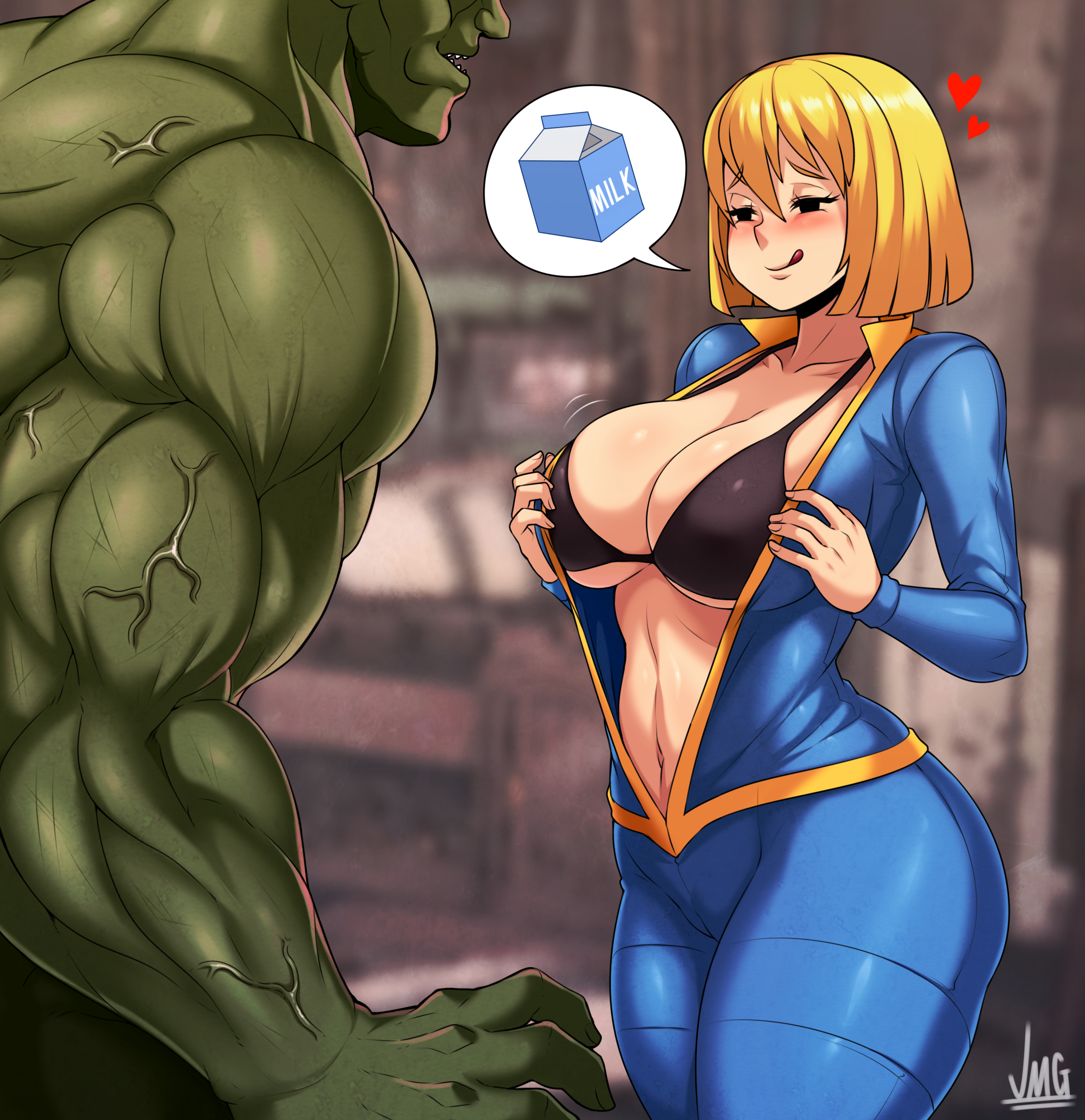 jmg, vault girl, fallout, tagme, big breasts, clothed female, clothed female nude male, female, female focus, female only, short hair, solo, solo female, solo focus, 