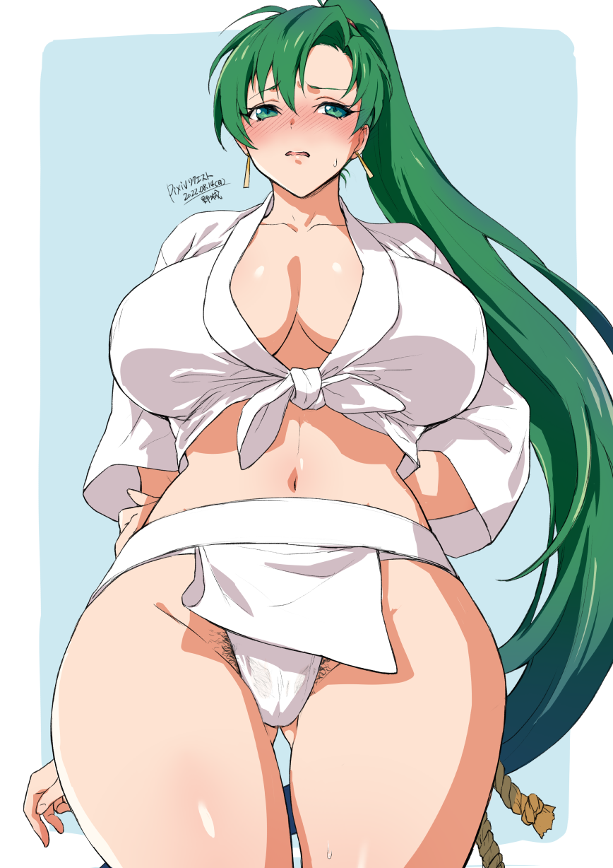 yajiro masaru, lyn (fire emblem), fire emblem, fire emblem: the blazing blade, nintendo, arms behind back, ass visible through thighs, bare midriff, bare thighs, blush, breasts, cleavage, earrings, embarrassed, female pubic hair, from below, grabbing own arm, green eyes, green hair, huge breasts, long hair, looking away, midriff, navel, open clothes, open mouth, panties, pelvic curtain, pubic hair, pubic hair peek, shirt, thighs, undressing, very long hair, white panties, 