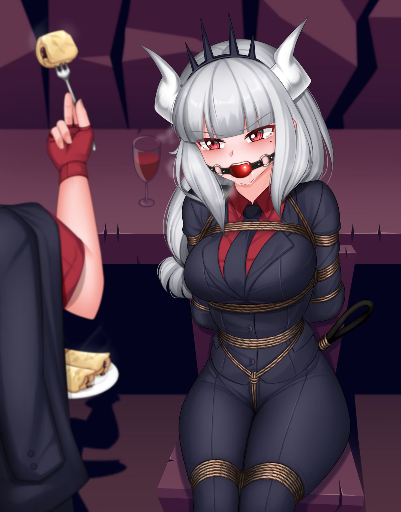 plusout, lucifer (helltaker), helltaker, 1girls, arms behind back, ball gag, blazer, bondage, buisness suit, crotch rope, crown, crying, female focus, horns, legs tied, legs together, looking at another, pancake, red eyes, sitting, suit, tail, tail tied, tie, white hair, 