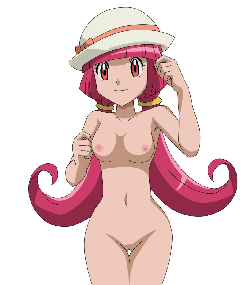 aria (pokemon), female, hat, long hair, non-web source, nude, pink hair, po...