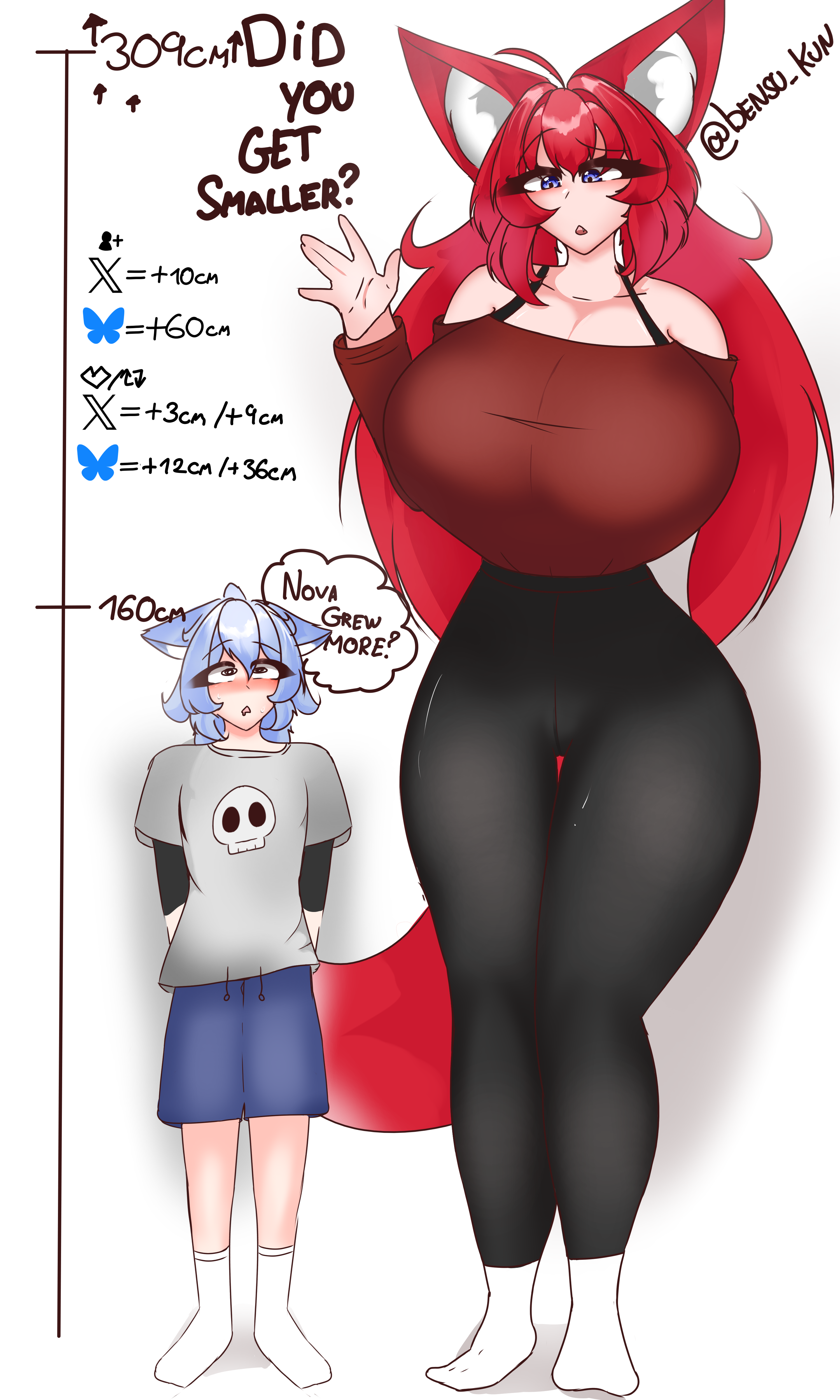 2d_(artwork) 2d_artwork angel_[bensukun] bensukun big_breasts big_thighs bigger_female blue_eyes breasts_bigger_than_head breasts_bigger_than_torso clothed clothed_female clothes color colored drooling fox fox_ears fox_girl fox_tail full_body getting_bigger giantess growing growth growth_drive growth_sequence huge_breasts hyper hyper_breasts kitsune long_hair massive_breasts mini_giantess nova_[bensukun] red_hair self_upload smaller_male standing tall_female taller_female taller_girl text wolf_boy wolf_ears yoga_pants