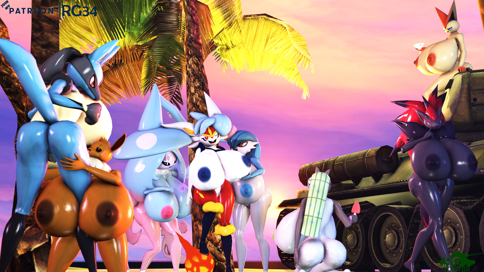 rgtdwtbr, cinderace, eevee, gardevoir, hatterene, lucario, meloetta, victini, zoroark, 3d, source filmmaker, beach, hyper, hyper breasts, pokemon, 