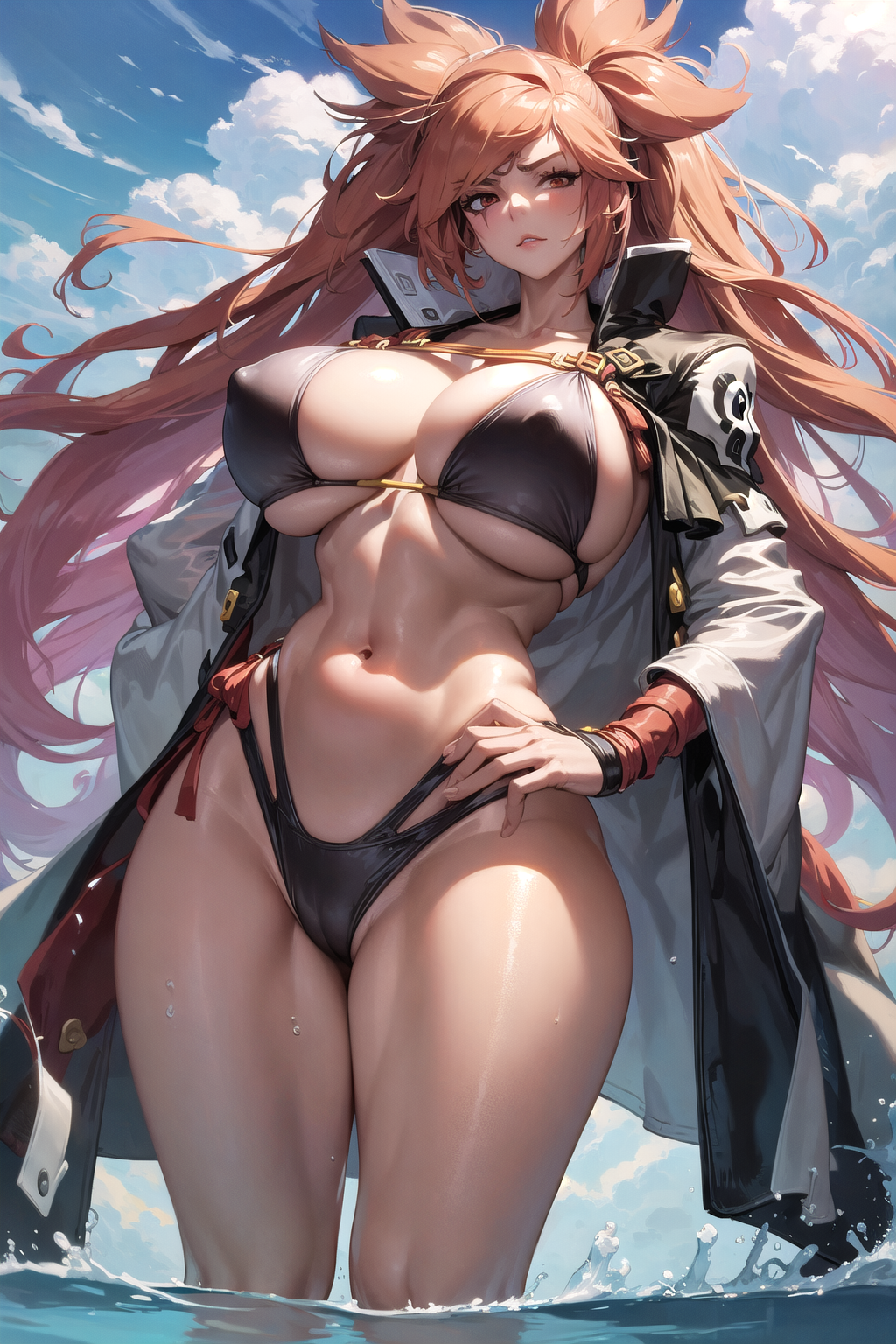baiken, guilty gear, ai generated, big breasts, bikini, low-angle view, seductive look, the hotshot, thick thighs, wide hips, 