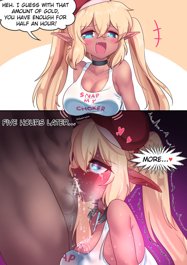 rayno, evangeline (one million gold), one million gold, 1girls, begging, blowjob, choker, choker snapping, dark-skinned female, deep penetration, deepthroat, elf, female, instant loss 2koma, male, smug, snap my choker, throat bulge, 