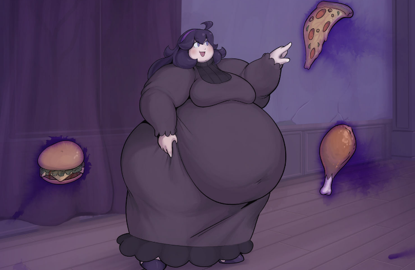 hex maniac, nintendo, 1girls, ahoge, ass, belly, big ass, big belly, breasts, chubby, dress, fat, food, huge ass, huge belly, huge thighs, hyper, massive ass, massive belly, obese, overweight, pokemon, purple hair, royaloppai, smile, thick arms, thick thighs, 