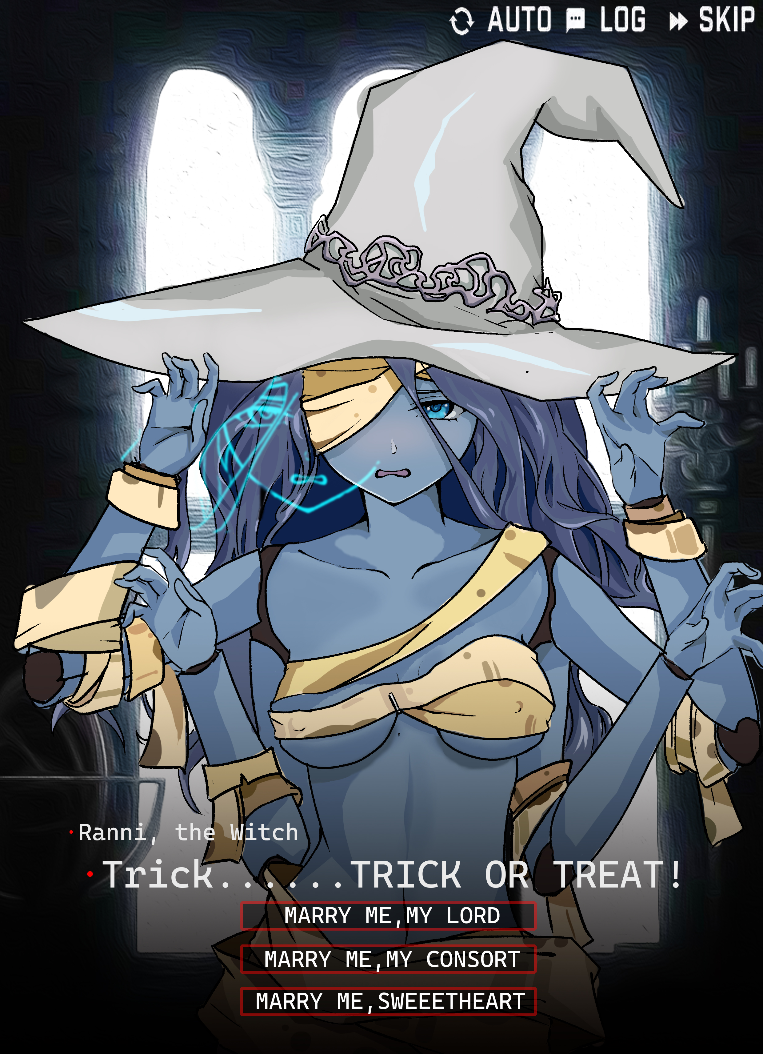fromsoftware, halloween, 1girls, a.herrington, bandage, blue body, breasts, elden ring, female, female only, ranni the witch, trick or treat, underboob, witch hat, 