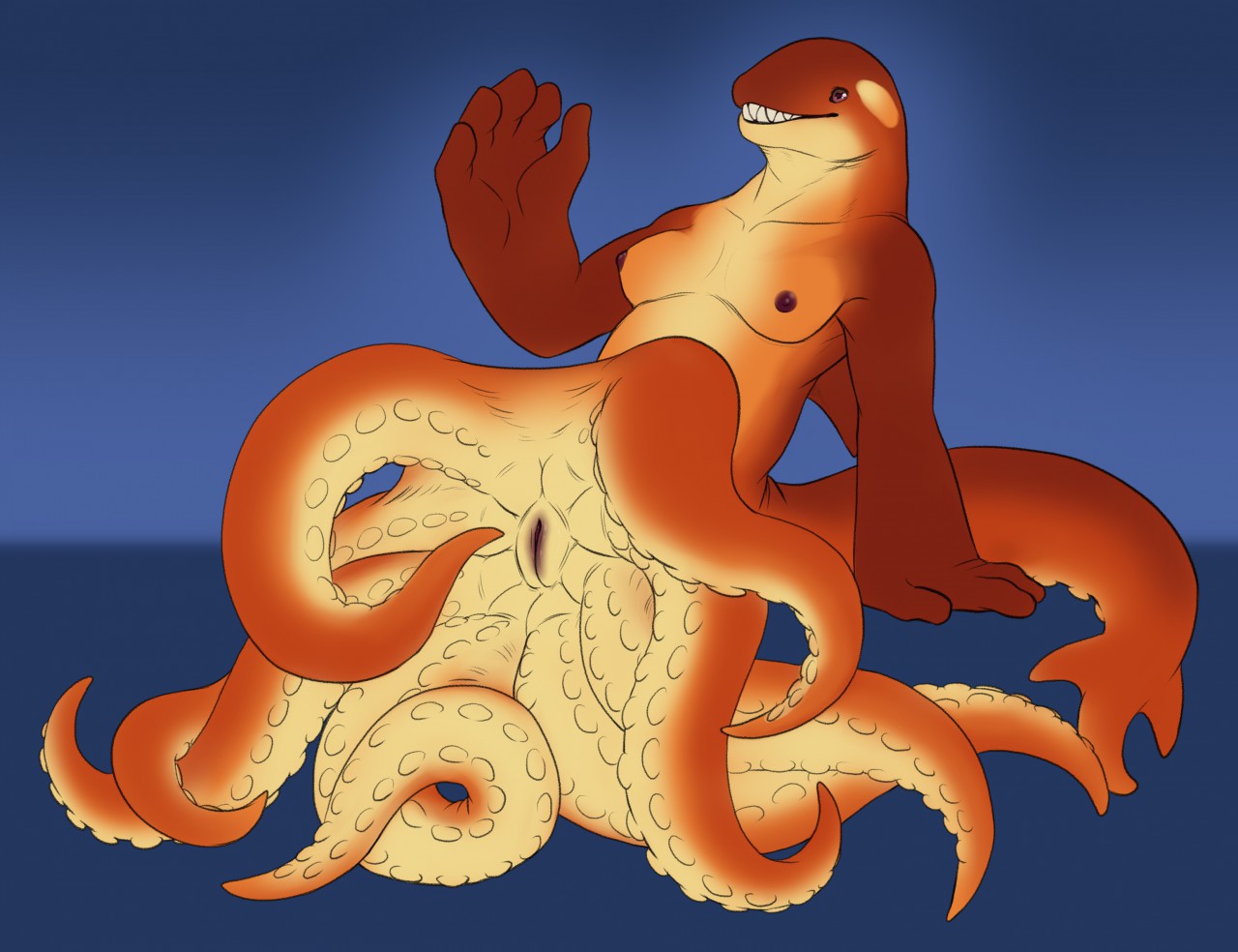yaroul, anthro, anthrocealia, breasts, cephalopod, cetacean, crotch tentacles, delphinoid, female, hybrid, mammal, marine, mollusk, nipples, oceanic dolphin, orange body, orca, pussy, solo, tentacle, toothed whale, 