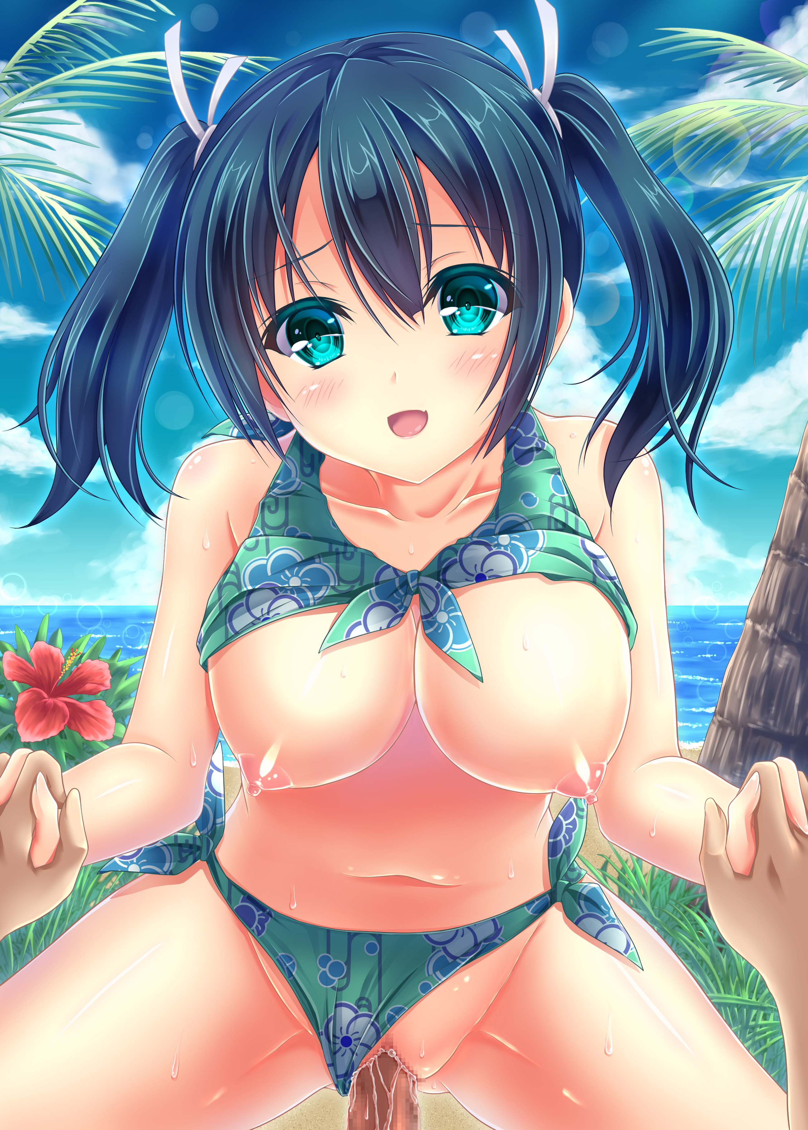 tsukumokazuki, kantai collection, absurdres, censored, commentary request, highres, mosaic censoring, 1boy, bangs, bare arms, bare shoulders, beach, bikini, bikini bottom aside, blue eyes, blue hair, blush, breasts, clothing aside, cloud, collarbone, day, female, flower, hair between eyes, hair ribbon, hibiscus, holding hands, interlocked fingers, large breasts, looking at viewer, navel, nipples, ocean, open mouth, outdoors, palm tree, penis, pov, ribbon, sex, sky, solo focus, souryuu (kancolle), spread legs, straight, sweat, swimsuit, tree, twintails, vaginal penetration, water, 