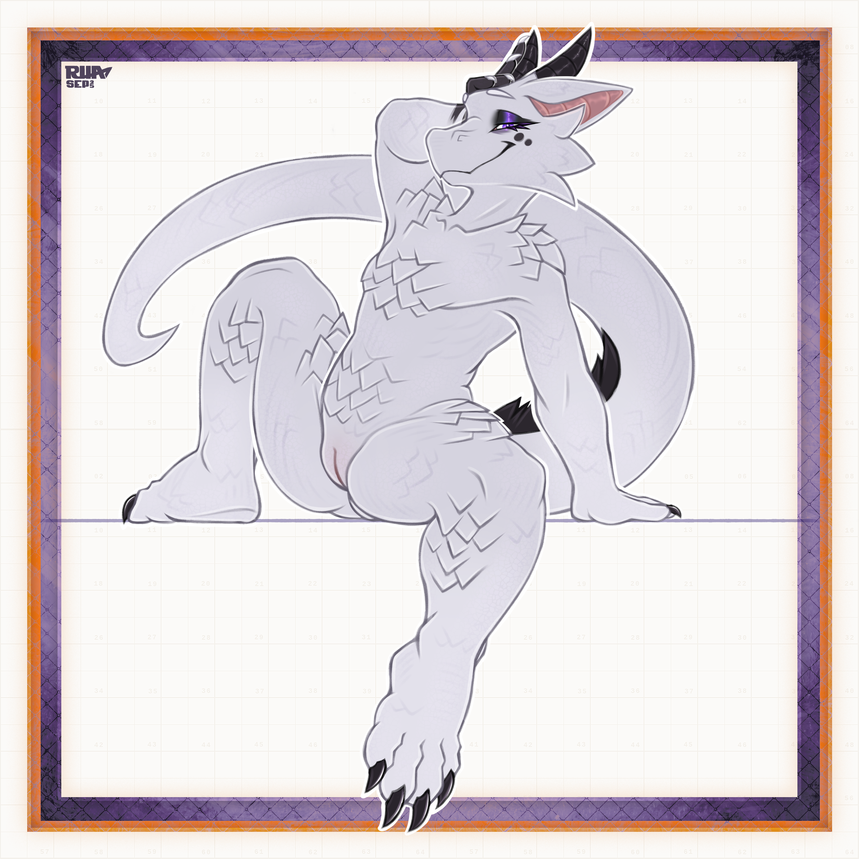 4_toes 5_fingers absurd_res ambiguous_gender bald black_body black_eyeshadow black_fur black_horn black_markings bodily_fluids claws eyeshadow feet fingers fur genitals hand_on_head hi_res horn kobold leaning leaning_backward long_tail looking_at_viewer makeup male markings multicolored_body nude presenting purple_eyes purple_eyeshadow rhaelrhaelrasputin scales scalie simple_background sitting smile smug smug_face solo tail toe_claws toes two_tone_body white_body