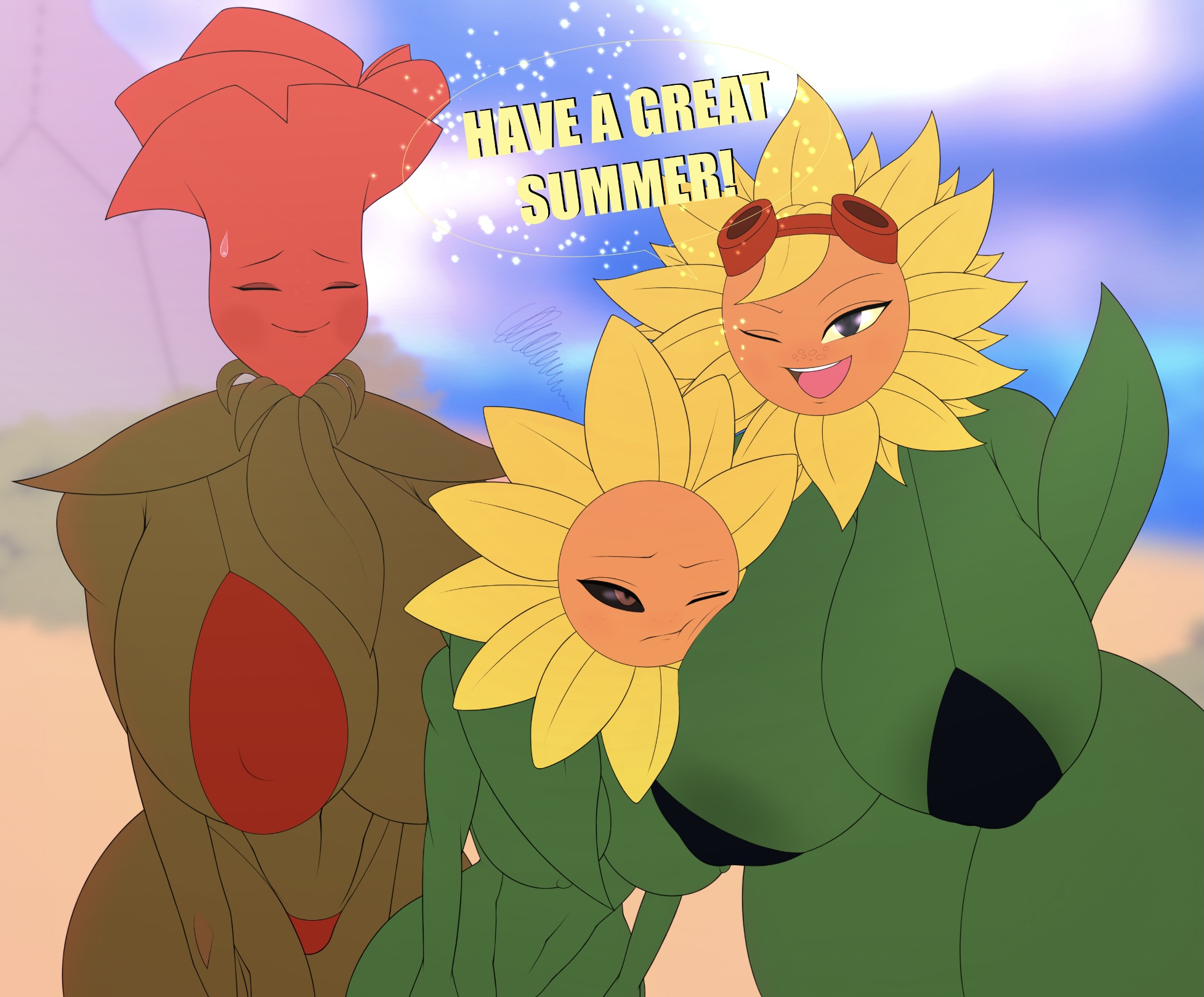 rose (pvz), sunflower (pvz), plants vs zombies, 3girls, accessory, annoyed, areolae, beach, dragonbreaker, embarrassed, flora fauna, flower petals, goggles, head on breasts, leaf, micro bikini, nipple bulge, nipples, open mouth, orange eyes, plant, plant girl, plants vs zombies: heroes, plants vs zombies battle for neighborville, red cheeks, rose, smiling, smiling at viewer, solar flare (pvz), summer, sunflower, talking to viewer, thong, thorns, tight fit, tomboy, 