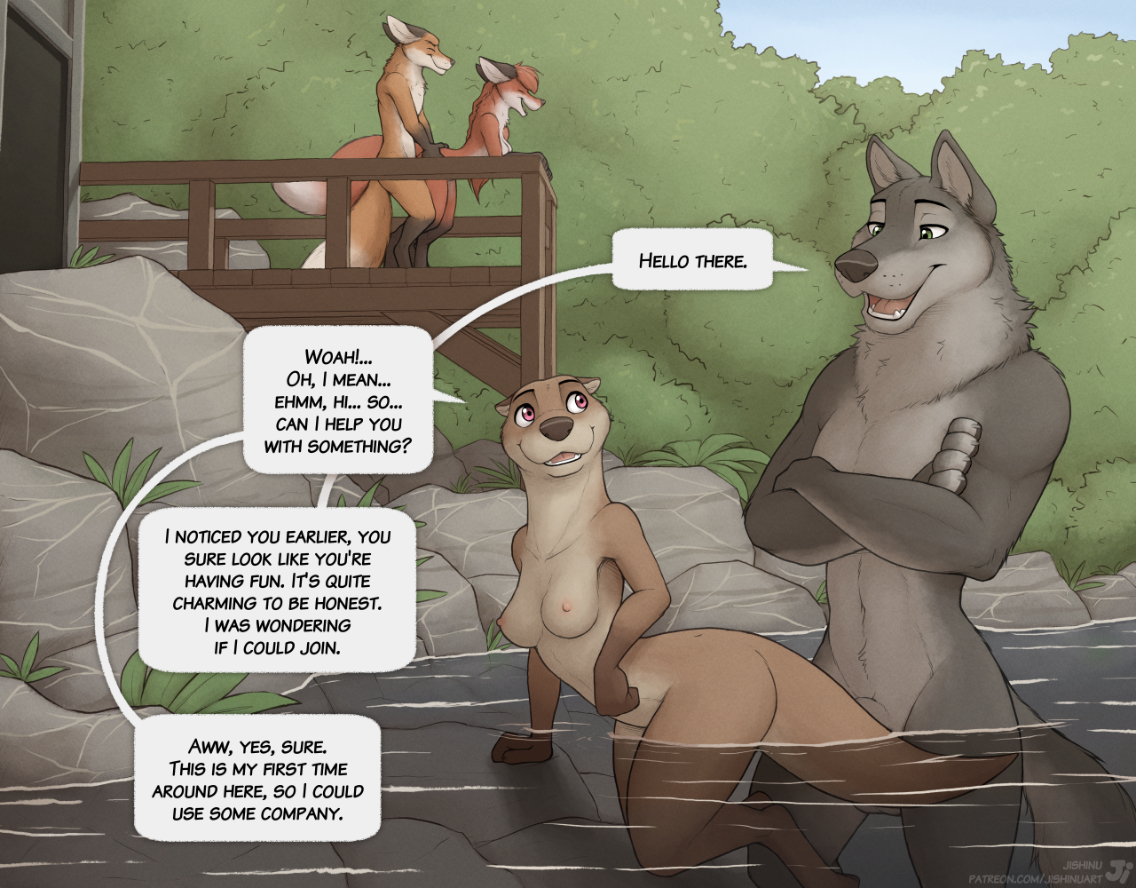 comic, english text, speech bubble, text, 2023, 5 fingers, ambiguous penetration, animal genitalia, anthro, anthro on anthro, anthro penetrated, anthro penetrating, anthro penetrating anthro, ass, balls, black nose, breasts, brown body, brown fur, canid, canine, canis, casual nudity, dialogue, duo focus, feet, female, female penetrated, fingers, fox, fully sheathed, fur, genitals, gloves (marking), grey body, grey fur, group, hindpaw, humanoid hands, jishinu, leg markings, looking at another, male, male/female, male penetrating, male penetrating female, mammal, markings, multicolored body, multicolored fur, mustelid, navel, nipples, nude, one eye closed, open mouth, open smile, otter, outdoor nudity, outdoor sex, outside, outside sex, partially submerged, paws, penetration, penile, penile penetration, public, public nudity, public sex, red body, red fur, resort, river, sex, sheath, smile, social nudity, socks (marking), sunny (jishinu), teeth, toes, tongue, two tone body, two tone fur, water, white body, white fur, wolf, 
