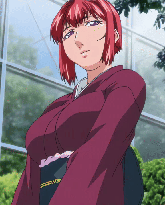 00s 1girls 2007 animated anime_screenshot bible_black bible_black_new_testament breasts female green_house kimono large_breasts long_sleeves mature_female purple_eyes red_hair shin_bible_black short_hair smile tagme takashiro_hiroko tree yukata