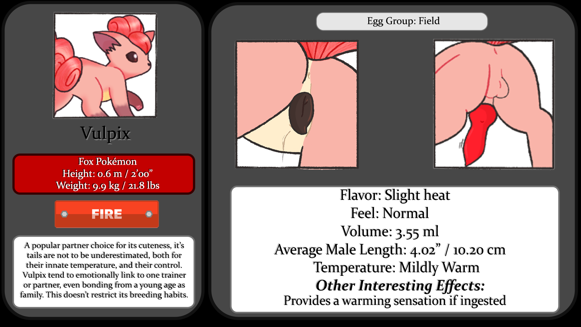 vulpix, nintendo, pokemon rgby, 16:9, english text, hi res, source request, text, 1boy, 1girls, anatomically correct, anatomically correct genitalia, anatomically correct penis, anatomically correct pussy, animal genitalia, animal penis, animal pussy, canine, canine penis, canine pussy, duo, female, feral, flamezart, fox, furry, male, mammal, penis, pokemon, presenting, presenting penis, presenting pussy, pussy, video games, widescreen, 