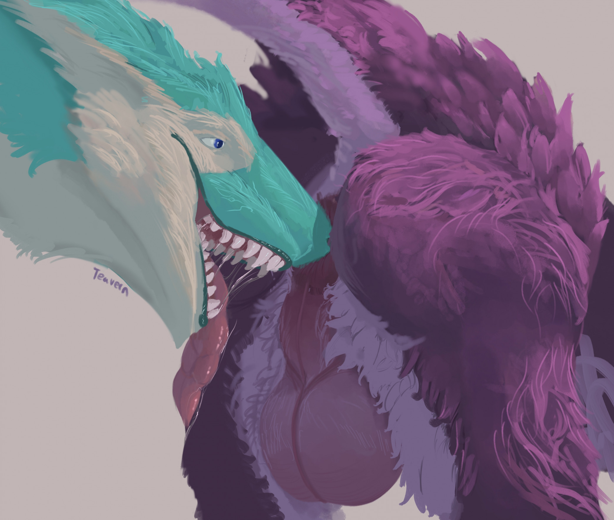 digital media (artwork), hi res, simple background, white background, 2023, ambiguous gender, anthro, anus, ass, backsack, balls, big anus, big balls, biped, blue eyes, bodily fluids, butt sniffing, duo, fur, genitals, green body, green fur, male, male/ambiguous, multicolored body, multicolored fur, nose to anus, open mouth, perineum, purple body, purple fur, saliva, saliva string, sergal, sharp teeth, sniffing, teavern, teeth, two tone body, two tone fur, white body, white fur, 