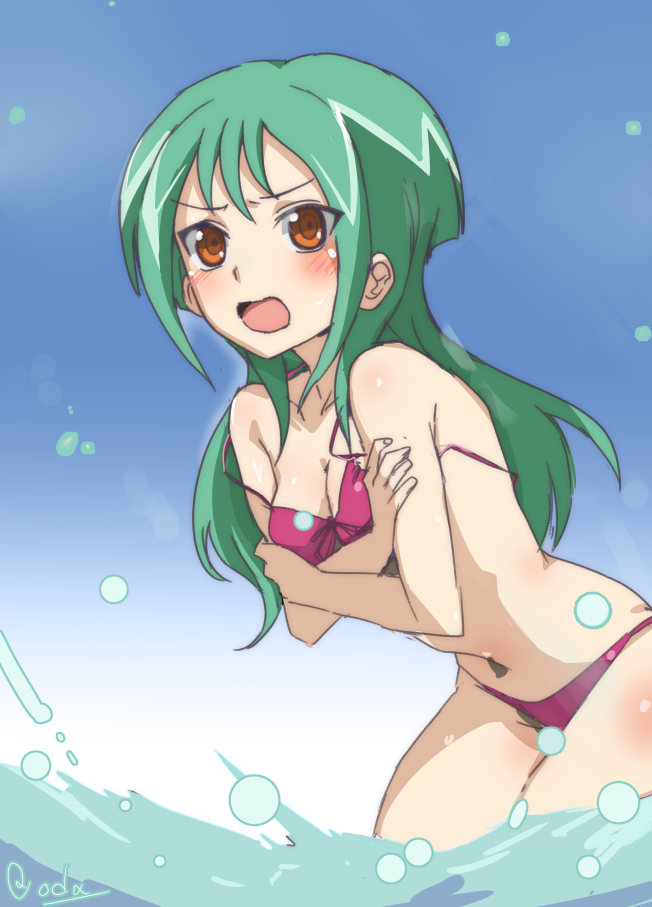 1girls anjou_tokoha beach blush breasts cardfight!!_vanguard cardfight!!_vanguard_g female green_hair in_water oda_koziki small_breasts solo solo_female swimsuit