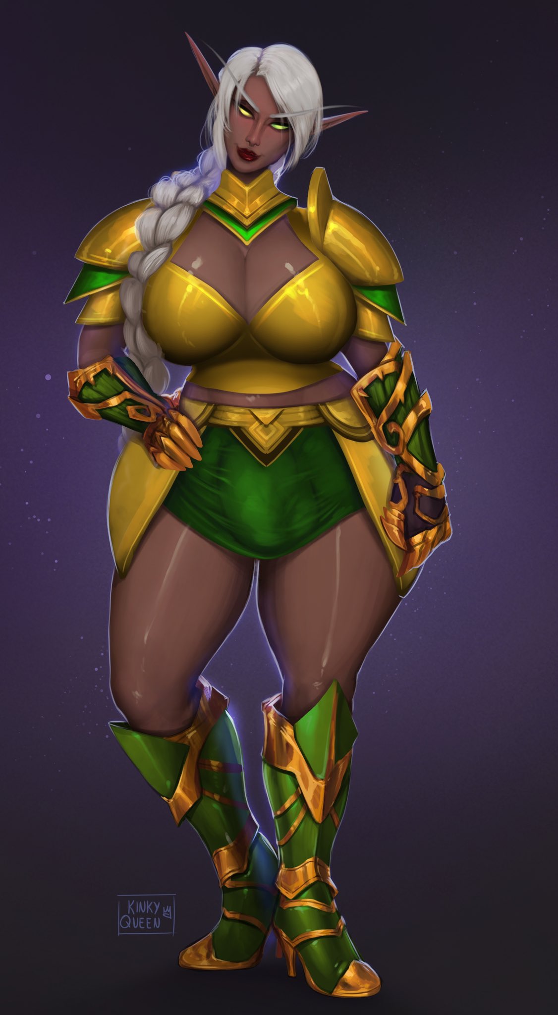 blood elf, blizzard entertainment, warcraft, world of warcraft, commission, hi res, 1futa, armor, armored boots, armored gloves, astya rosefold, big breasts, braid, dark-skinned female, dark skin, elf, elf ears, empty eyes, futa only, futanari, green eyes, heel boots, long hair, looking at viewer, my kinky queen, penis bulge, red lipstick, smiling, smiling at viewer, solo, thick thighs, white hair, 