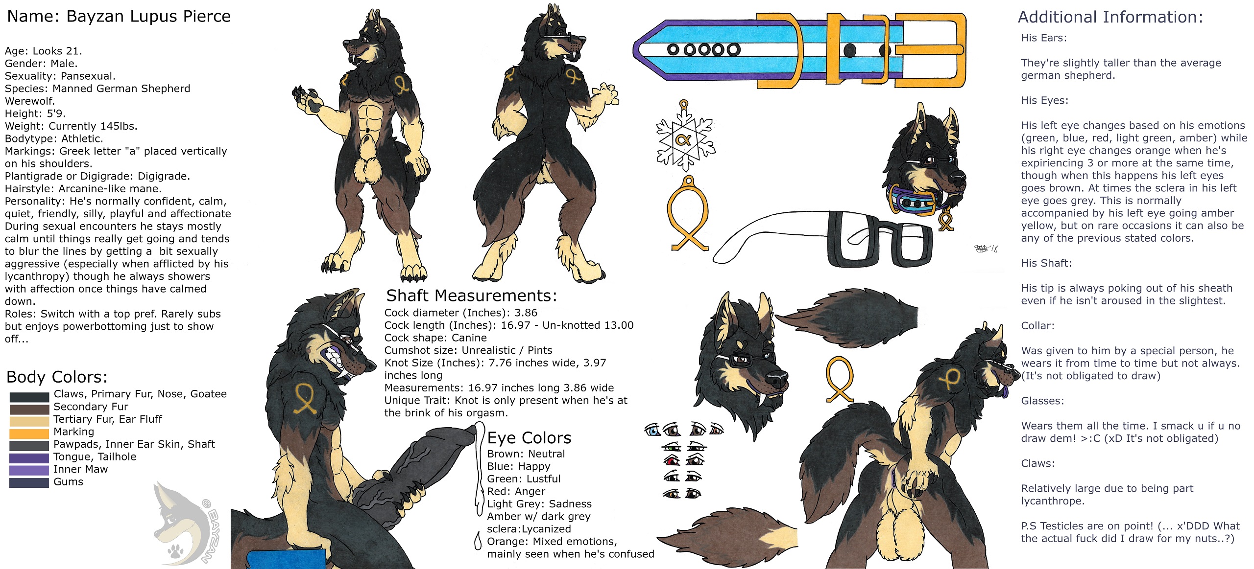 bayzan (artist), 2018, model sheet, animal genitalia, animal penis, anthro, anus, balls, bayzan, big balls, big claws, big penis, black fur, black penis, brown fur, canine, canine penis, claws, collar, ear fur, eyewear, facial hair, fangs, fur, german shepherd, glasses, goatee, grabbing, grin, heterochromia, hybrid, male, mammal, markings, penis, perineum, presenting, smile, snarling, tongue, tongue out, vein, veiny penis, were, werecanine, werewolf, wolf, 