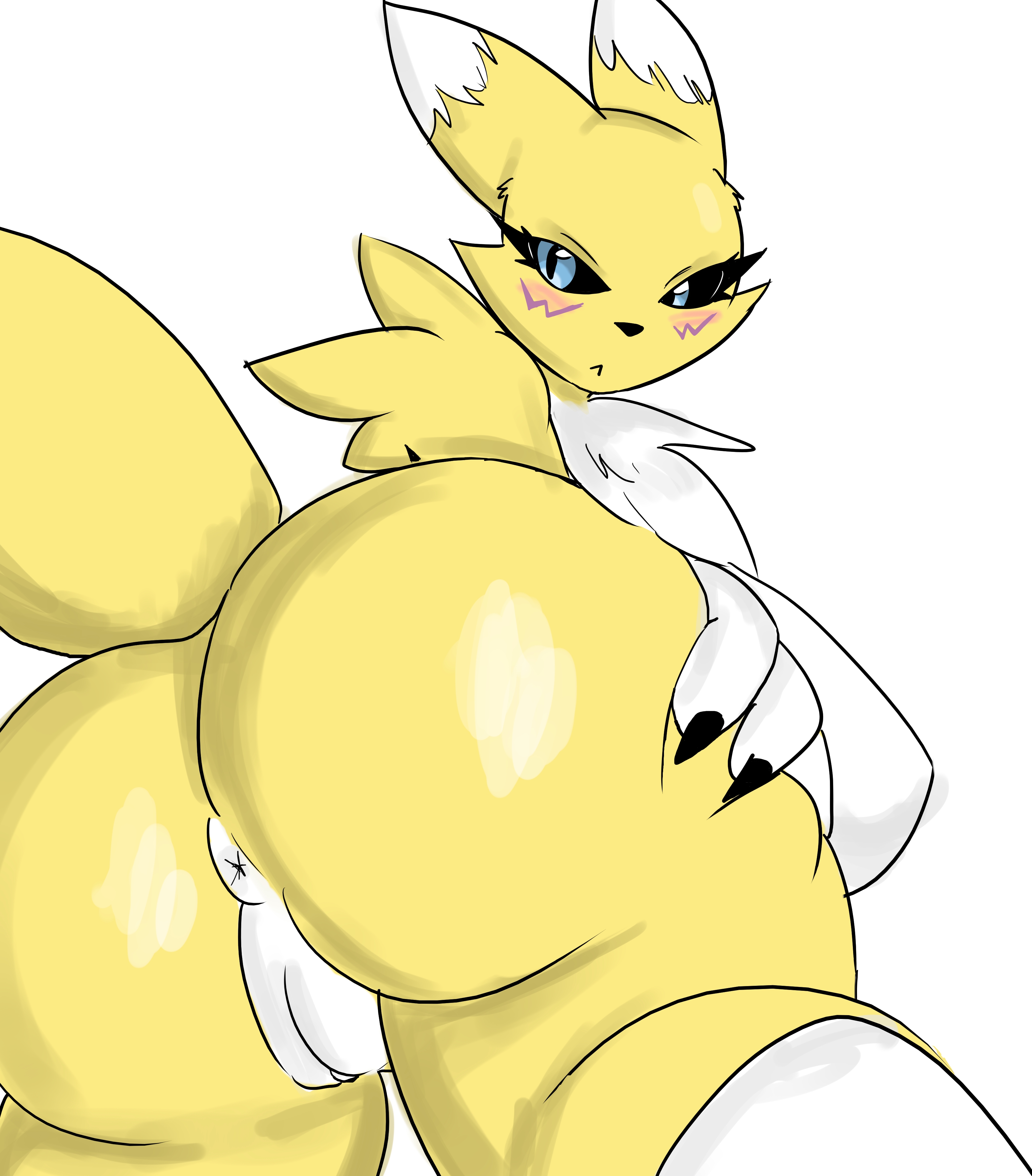 digimon (species), renamon, bandai namco, digimon, absurd res, hi res, simple background, white background, anthro, anus, ass, blue eyes, blush, breasts, featureless breasts, female, genitals, hand on butt, killer. ez, looking at viewer, pussy, solo, white body, yellow body, 