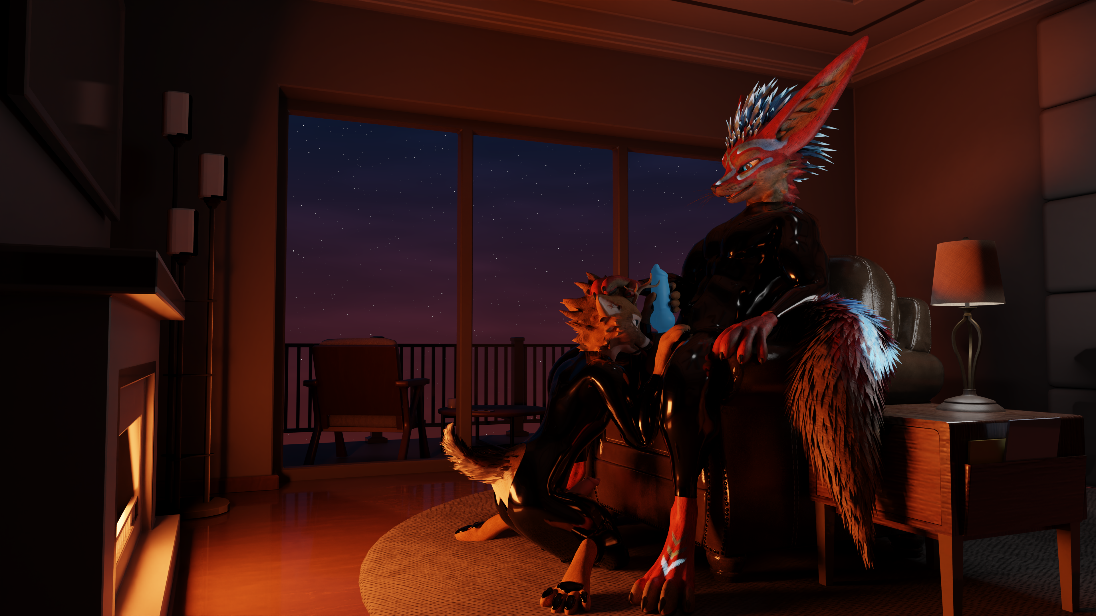 cozy, absurd res, hi res, huge filesize, anthro, anthro on anthro, balls, big dom small sub, claws, clothing, deer, dominant, dominant male, duo, fur, genitals, inside, isaacjexo, jex, knot, latex, latex clothing, licking, male, male/male, mammal, maplesyrupdurr, multicolored body, night, on ground, oral, paws, penile, penis, penis lick, rubber clothing, rubber suit, sex, sitting, sitting on ground, size difference, smile, submissive, submissive male, tail, tongue, tongue out, 