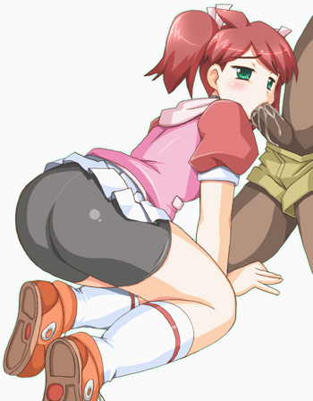 sayaka, yumi, ape escape, ass, bike shorts, green eyess, red hair, short hair, 