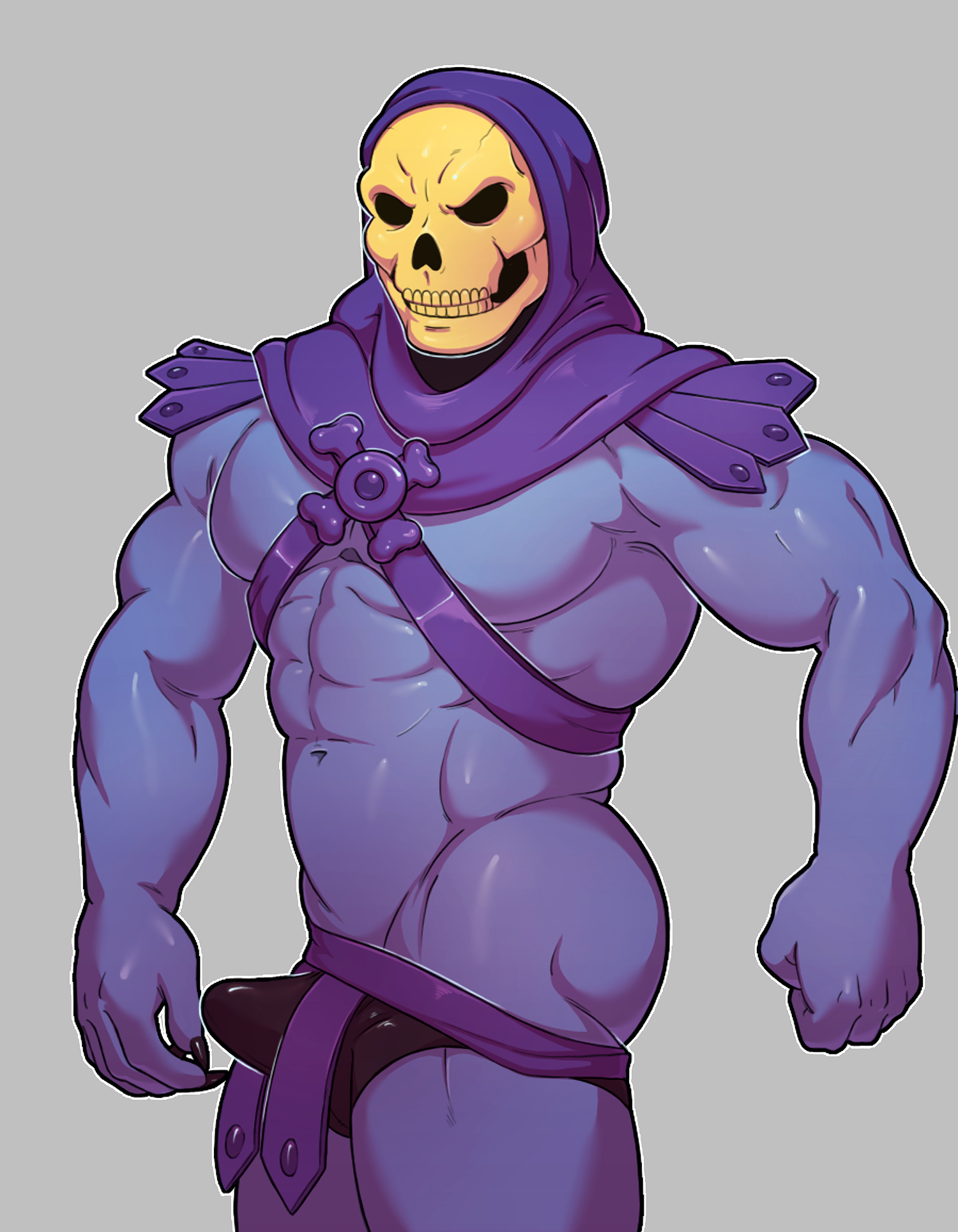 knuxlight, skeletor, masters of the universe, balls, bara, blue body, blue skin, boner, bulge, erection, erection under clothes, hood, male, male only, muscles, muscular, penis, skull, skull head, solo, solo male, 