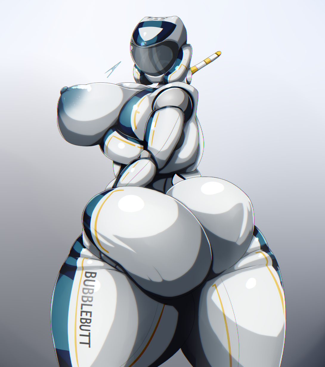 hb-viper, subnautica, artist signature, simple background, animate inanimate, anthrofied, ass, ass grab, back view, big ass, big breasts, blue areola, blue stripes, body writing, breasts, female, glossy, gradient background, helmet, huge ass, huge breasts, living machine, multicolored body, presenting hindquarters, seamoth (subnautica), solo, standing, submarine, voluptuous, white body, 