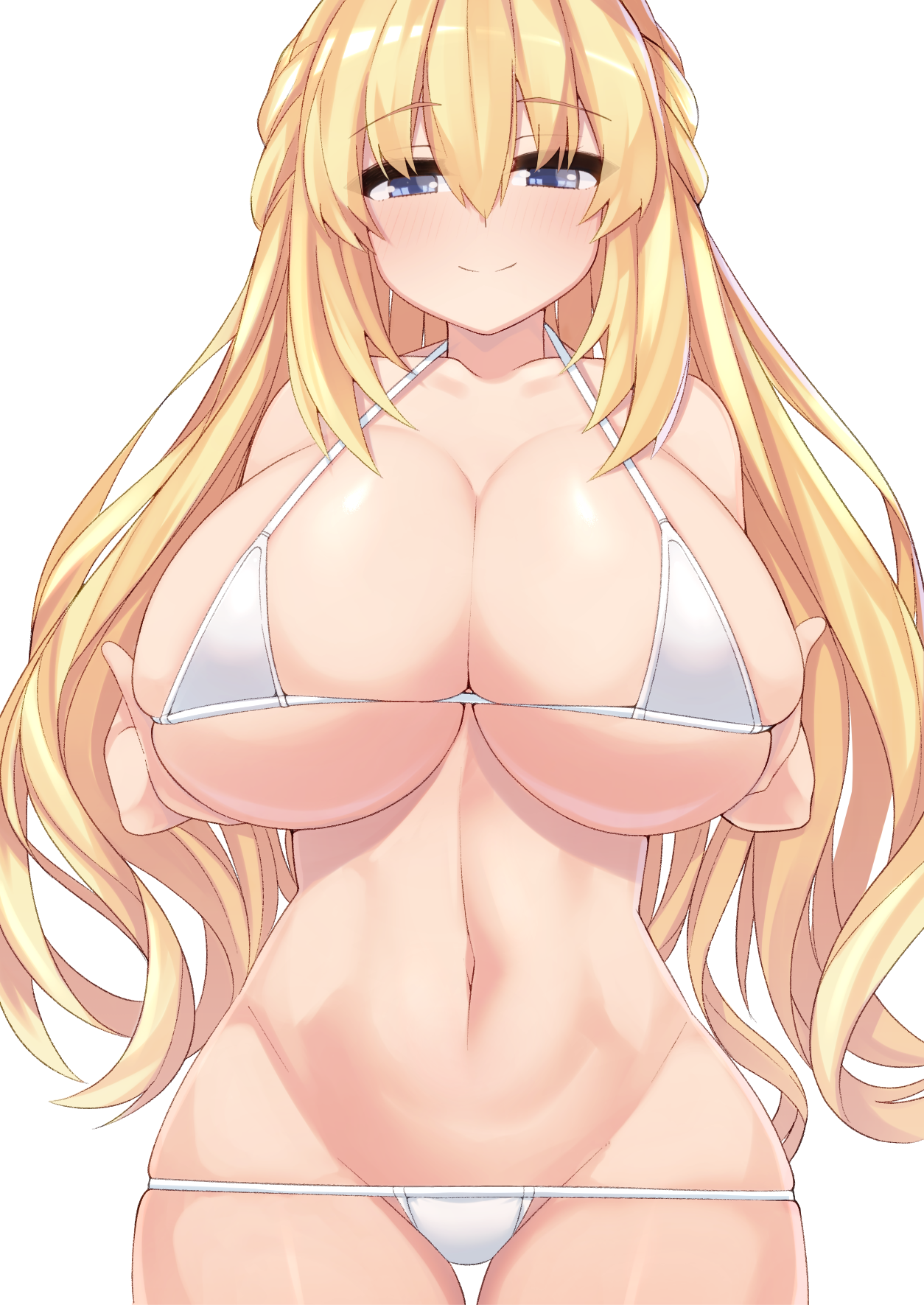 vert, neptunia (series), highres, white background, 1girls, bikini, blonde hair, blue eyes, blush, breast hold, breasts, cleavage, dura, female, huge breasts, long hair, looking at viewer, micro bikini, navel, skindentation, solo, swimsuit, thigh gap, very long hair, white bikini, 