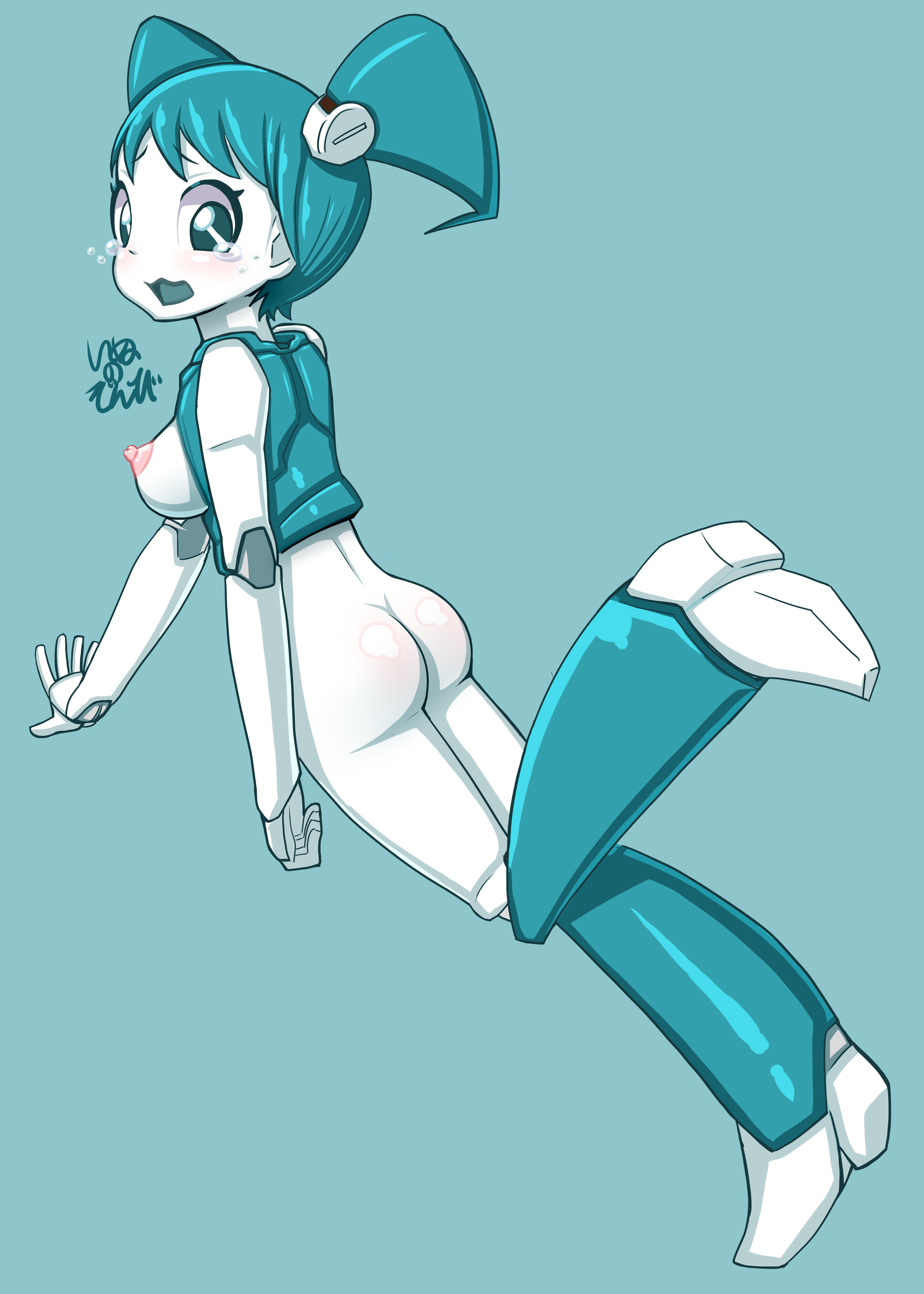 jenny wakeman, my life as a teenage robot, nickelodeon, simple background, 1girls, ass, blue boots, blue hair, boobs, boots, breasts, embarrassed, female, female only, machine, medium breasts, nipples, pink nipples, pointy breasts, robot, robot girl, round ass, round butt, solo, solo female, tits, white body, 