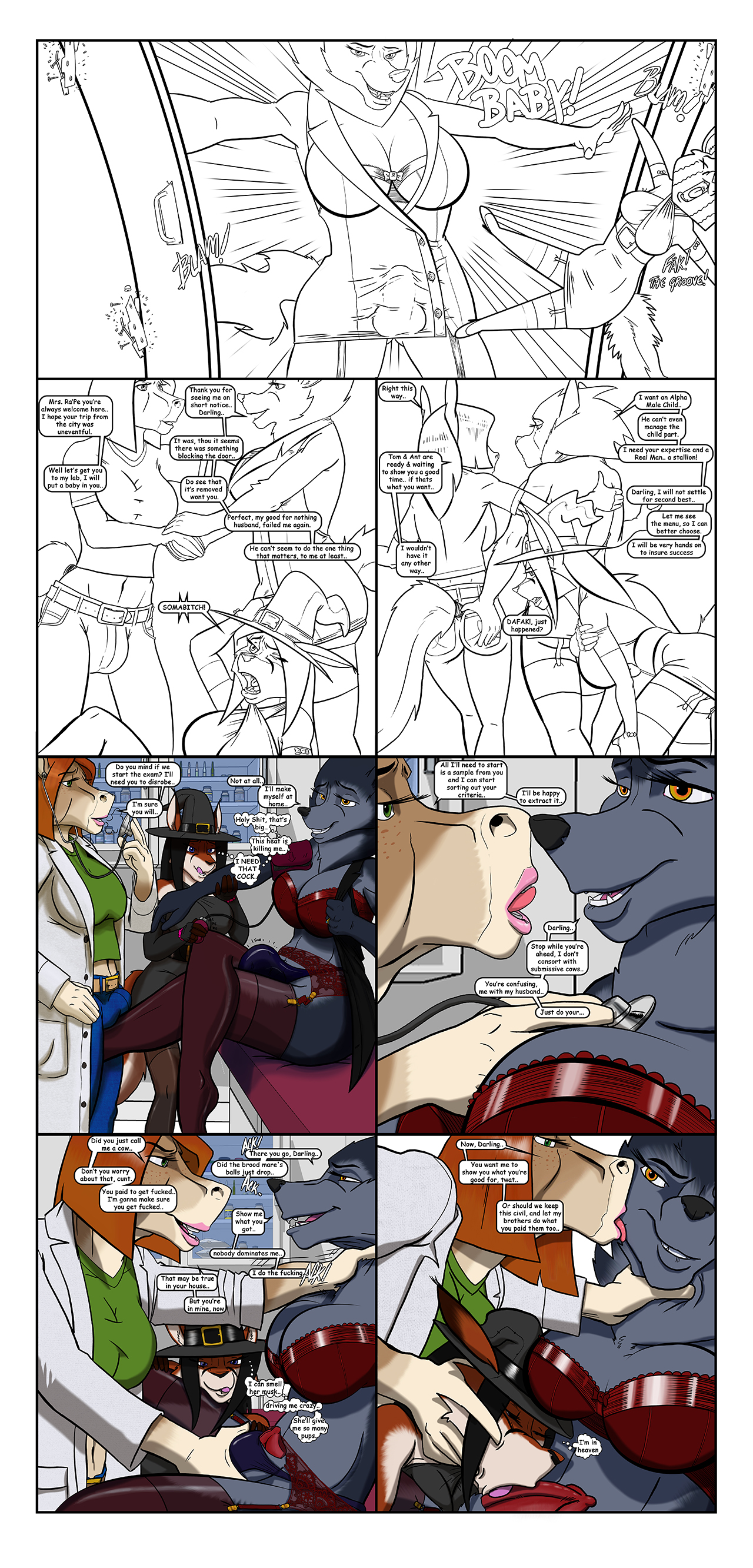bussaca, deb, clara, absurd res, comic, hi res, text, animal genitalia, bare back, bulge, canine, chibi, clothing, costume, dickgirl, dickgirl/female, equine, female, fox, garter, group, horse, intersex, intersex/female, invalid color, mammal, mature female, oral, penis, penis outline, penis tip, sheath, thong, wolf, 