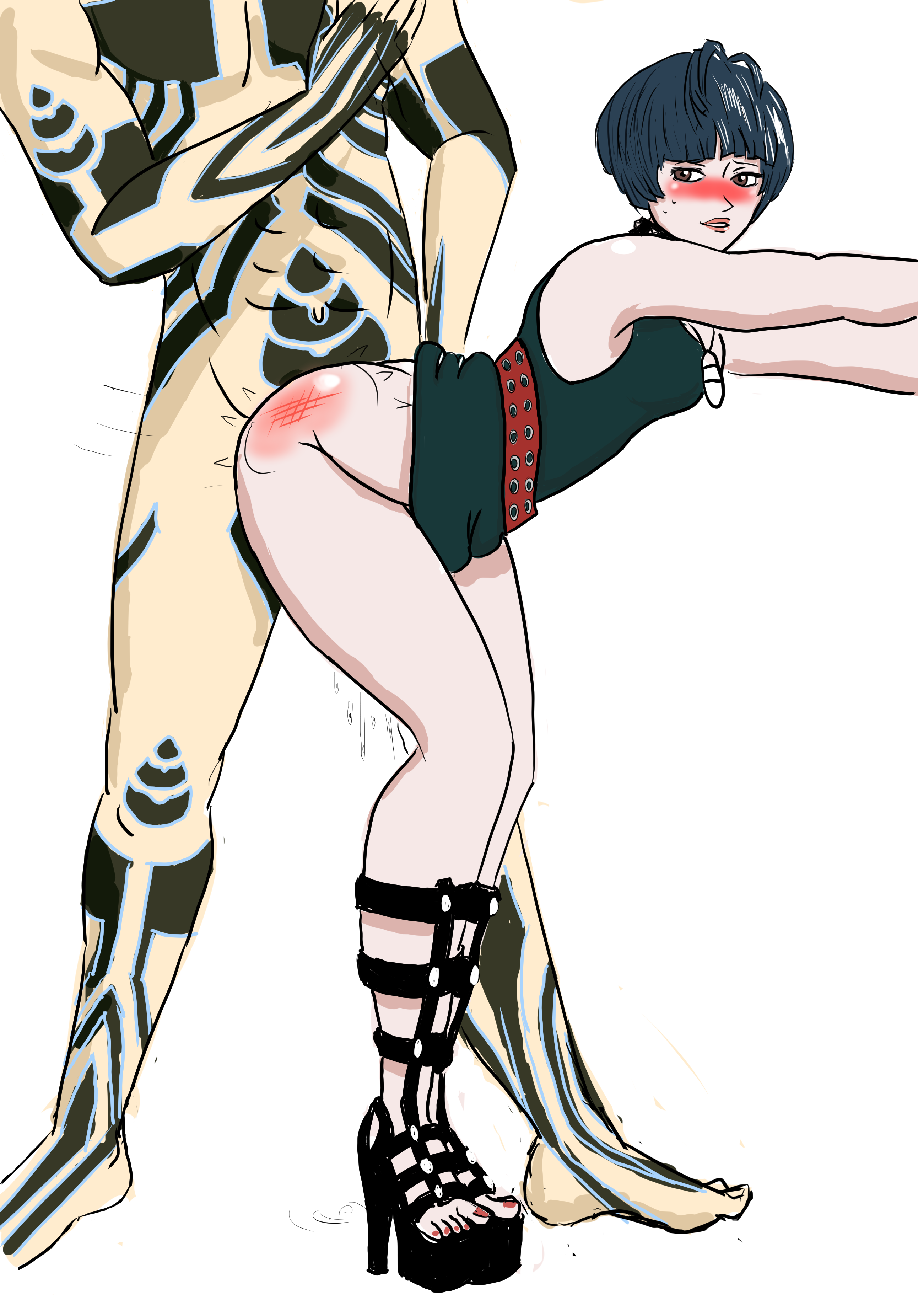 demi-fiend, hitoshura, tae takemi, megami tensei, persona, persona 5, shin megami tensei, shin megami tensei iii: nocturne, 1boy, 1girls, abs, ambiguous penetration, barefoot, blush, choker, dark blue hair, heels, looking back, messy hair, necklace, pale skin, pussy juice, spanking, tattoos, 