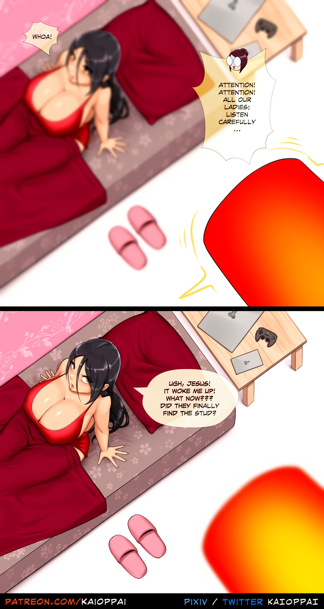colored, comic, highres, text, bed, black hair, cleavage, female, female only, huge breasts, kaioppai, long hair, top view, 